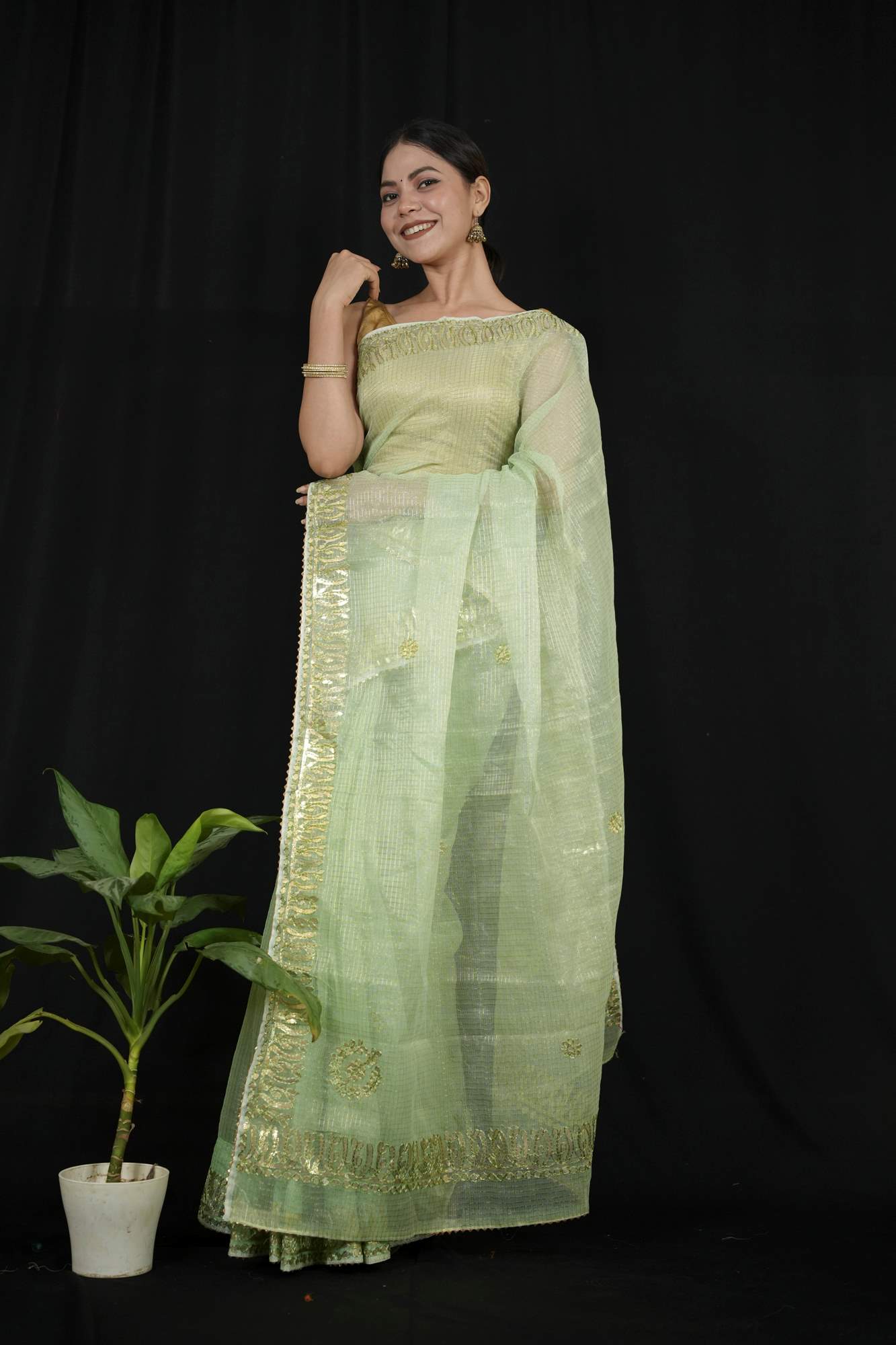 Gorgeous Green Kota Doriya Cotton with Thread Embroidery & beautiful Rajasthani Gota Patti  Wrap in 1 minute Saree