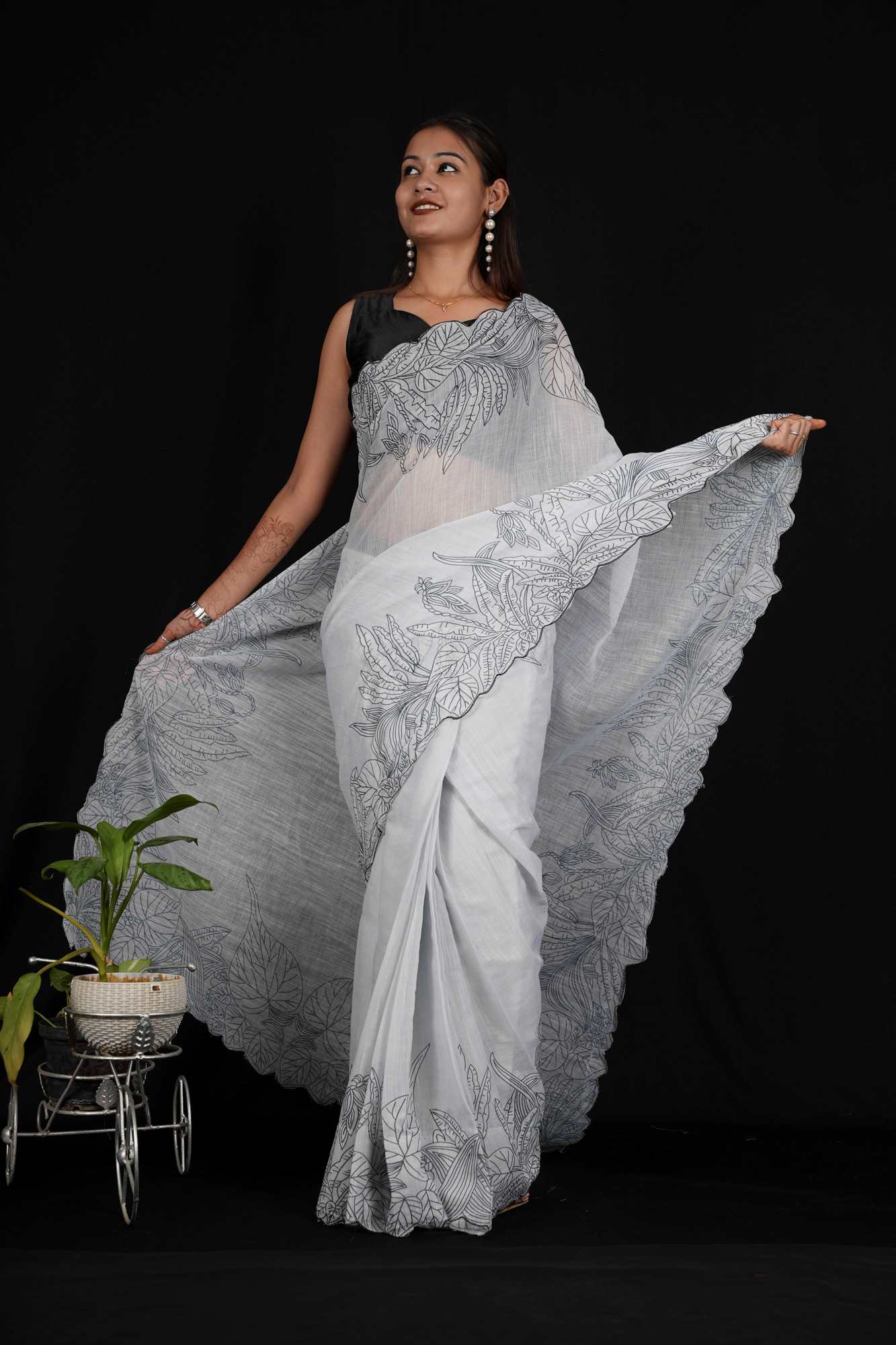 Elegant White Plain linen with Digital Floral Print Cut Work Border Wrap  in Minute Saree