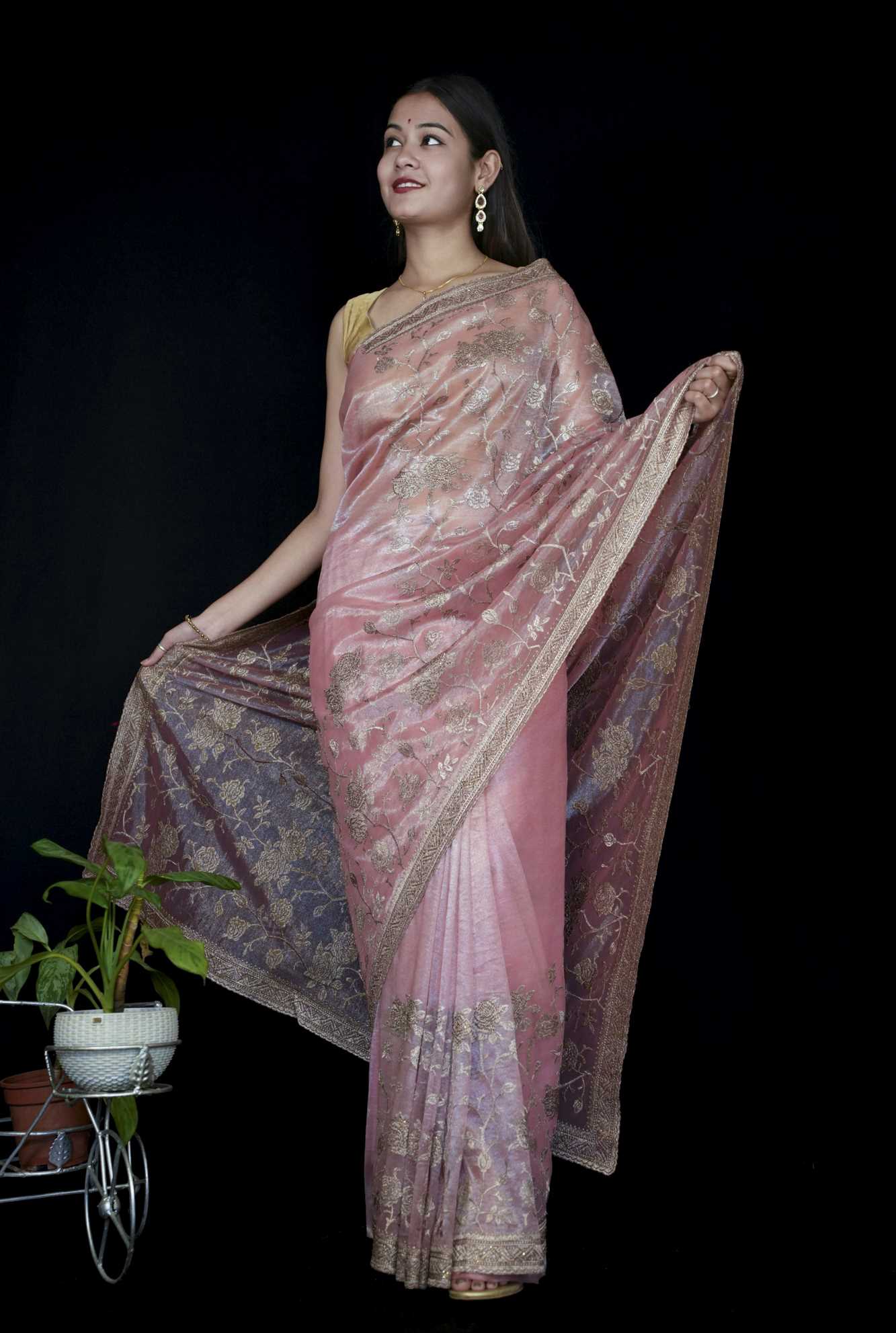 Beautiful Shimmery With Golden Zari Detailed Floral Zaal Detail & Stone Embllished  Pre Drape Saree