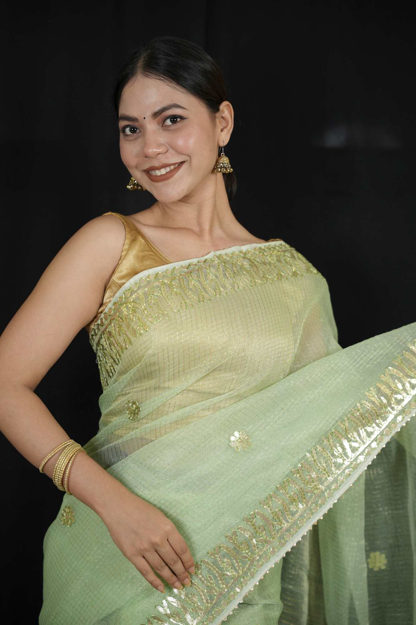 Gorgeous Green Kota Doriya Cotton with Thread Embroidery & beautiful Rajasthani Gota Patti  Wrap in 1 minute Saree