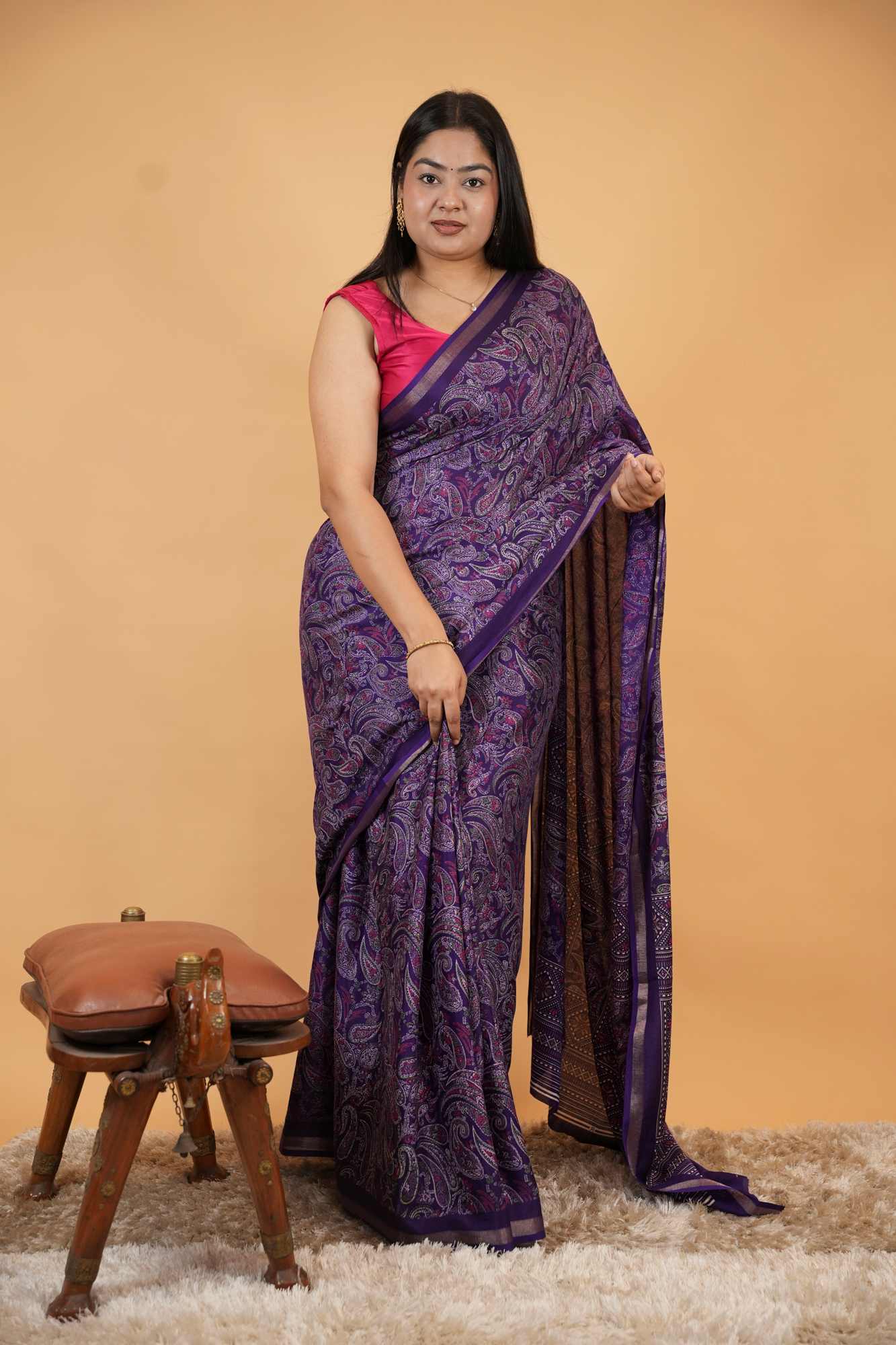 Kashmiri Pashmina Pattern Printed With Broder  Ready To Wear Saree