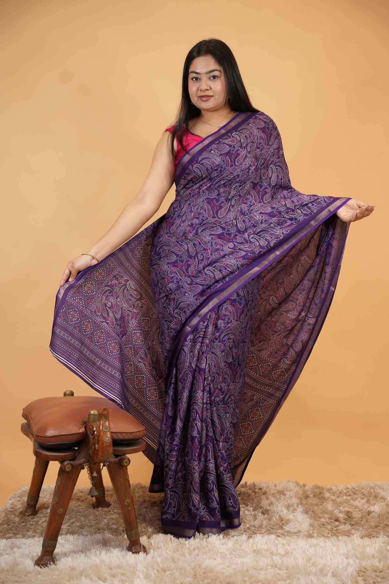Kashmiri Pashmina Pattern Printed With Broder  Ready To Wear Saree