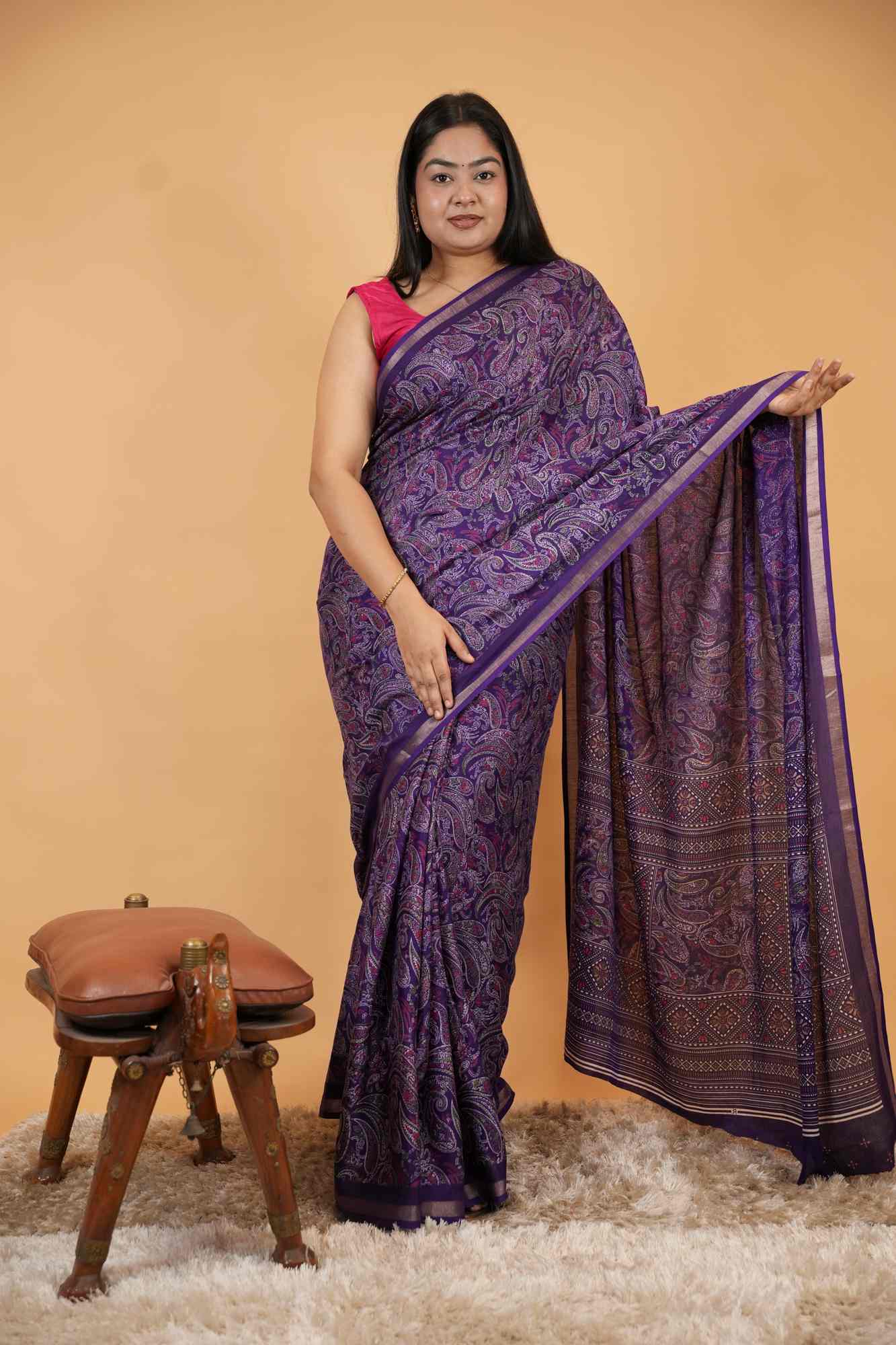 Kashmiri Pashmina Pattern Printed With Broder  Ready To Wear Saree