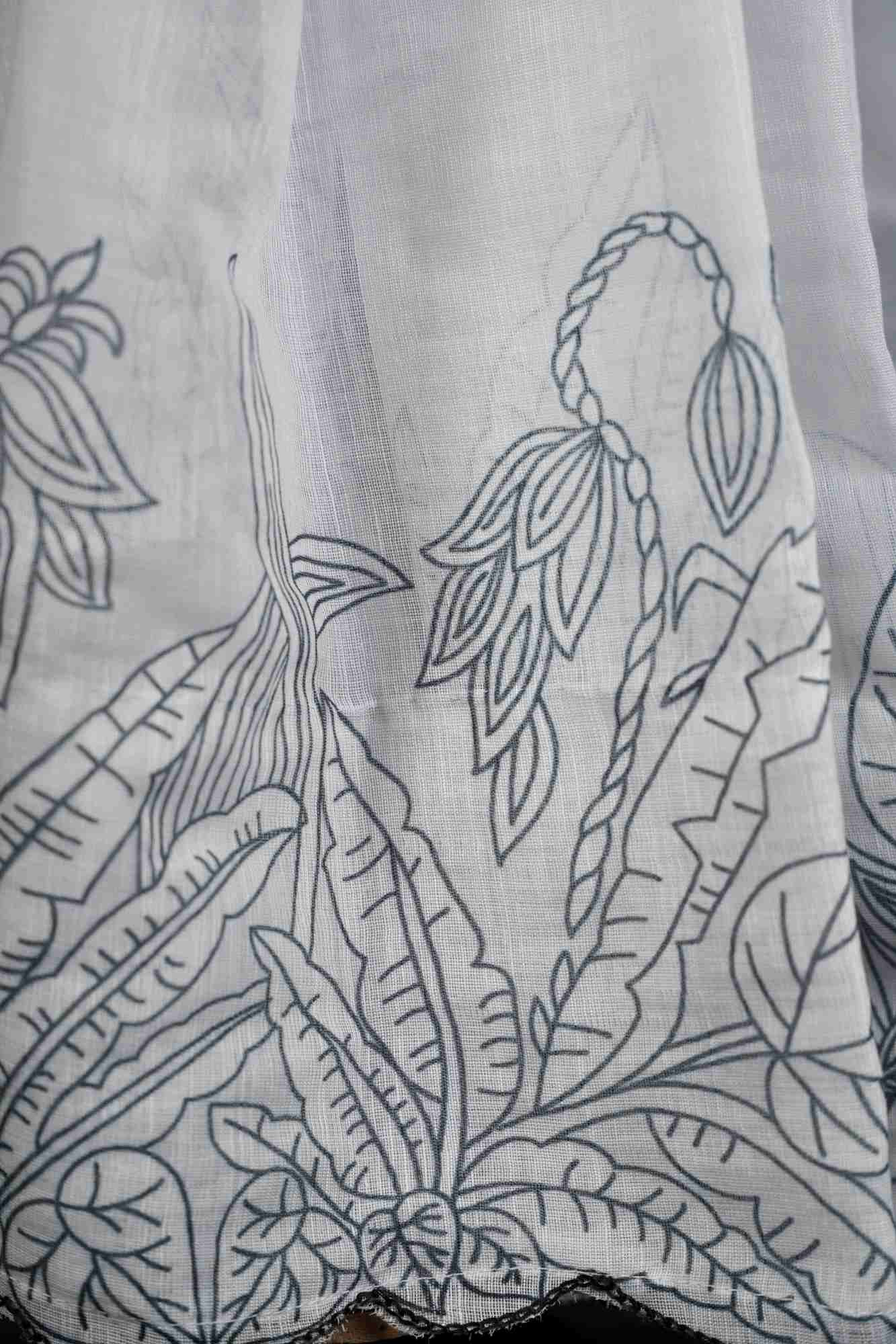 Elegant White Plain linen with Digital Floral Print & Cut Work Border Wrap in 1 Minute Saree