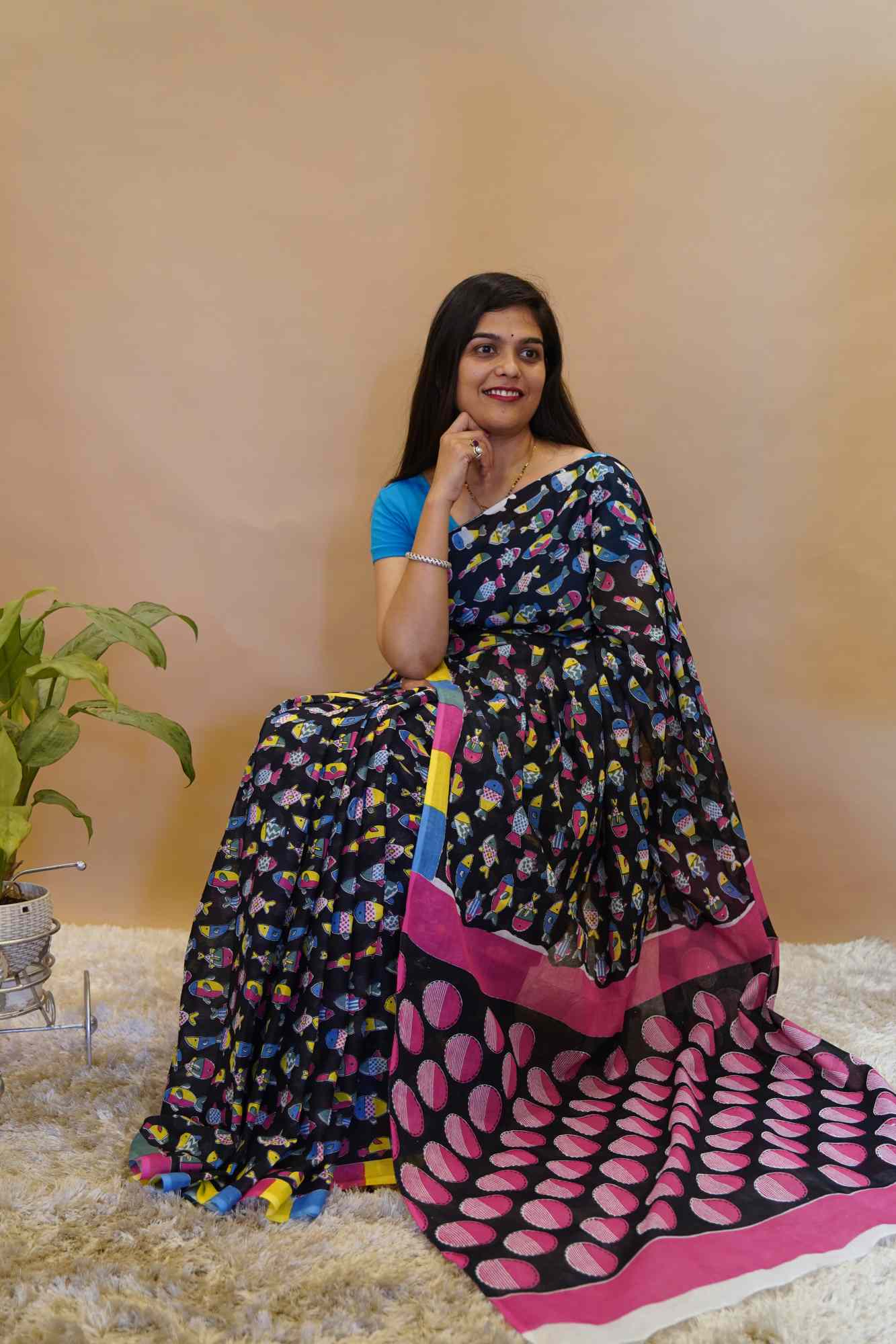 Black With Multicolor  Hand block Printed saree with mul mul cotton  wrap in 1 minute saree