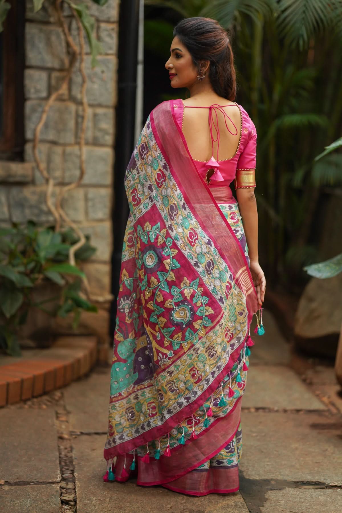 Distressed Print Kalamkari Linen Saree with Hand Sequin Work | Shobitam