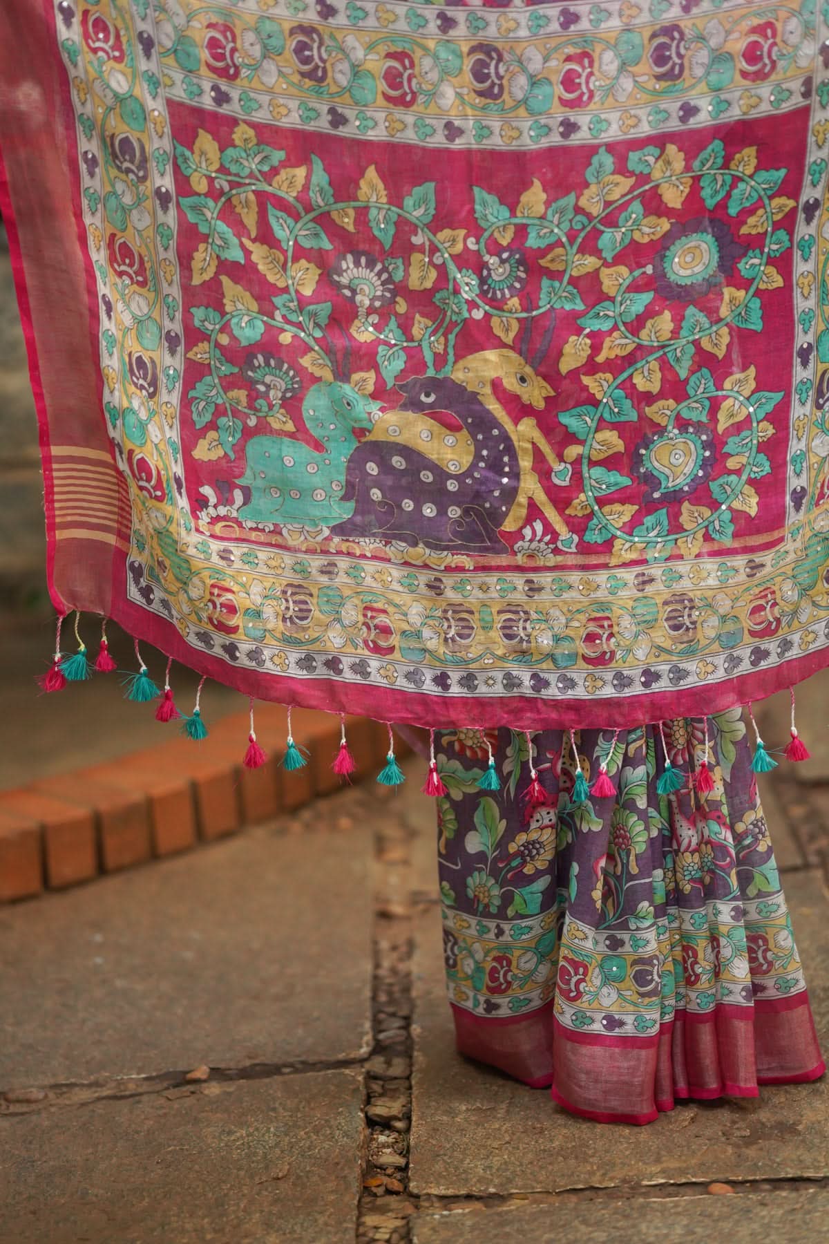 Distressed Print Kalamkari Linen Saree with Hand Sequin Work | Shobitam