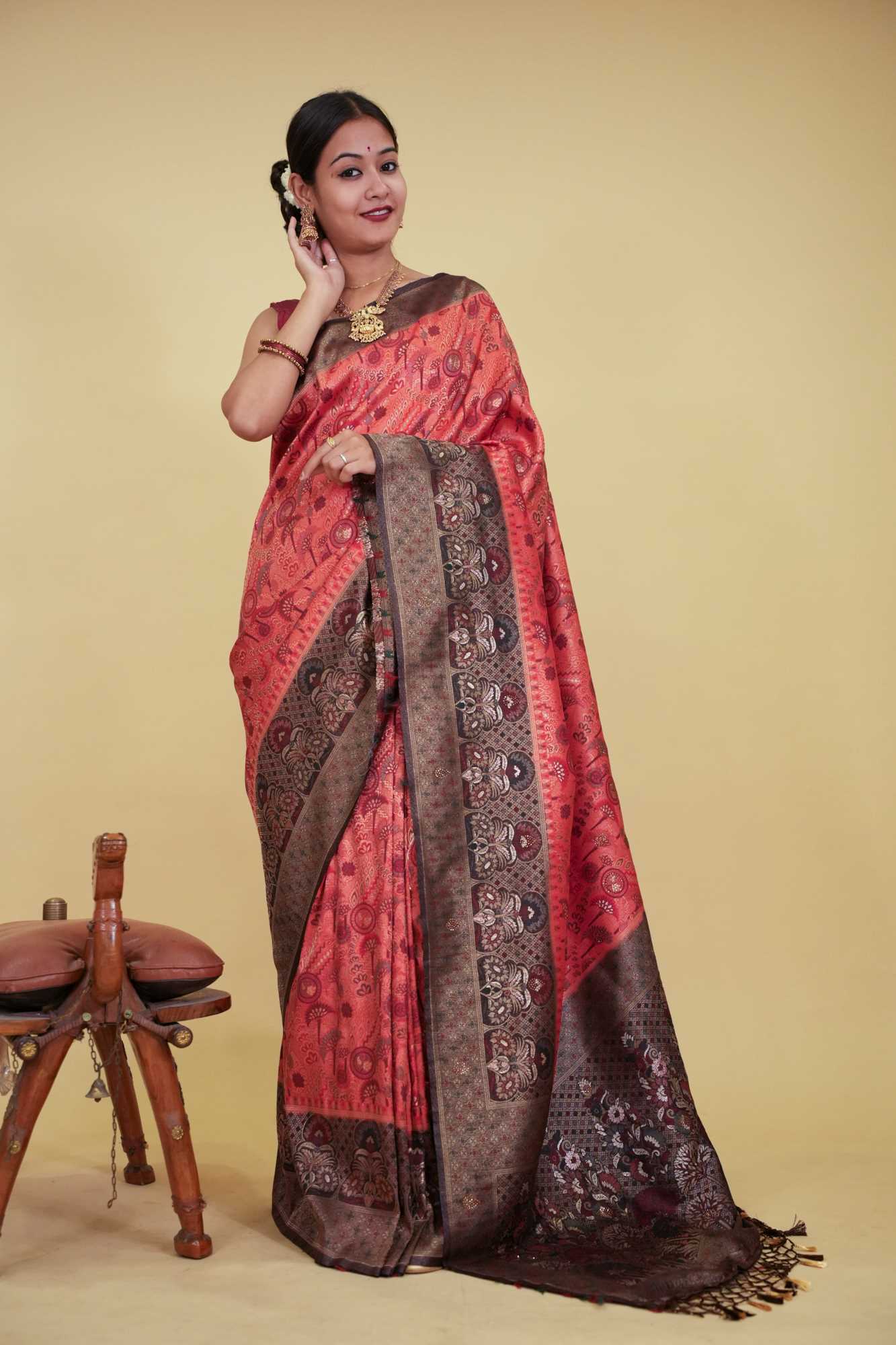 Banarasi With Traditional Zari Multiple Work & Contrast Bordered Overall Stone Embellished Wrap In One Minute Saree