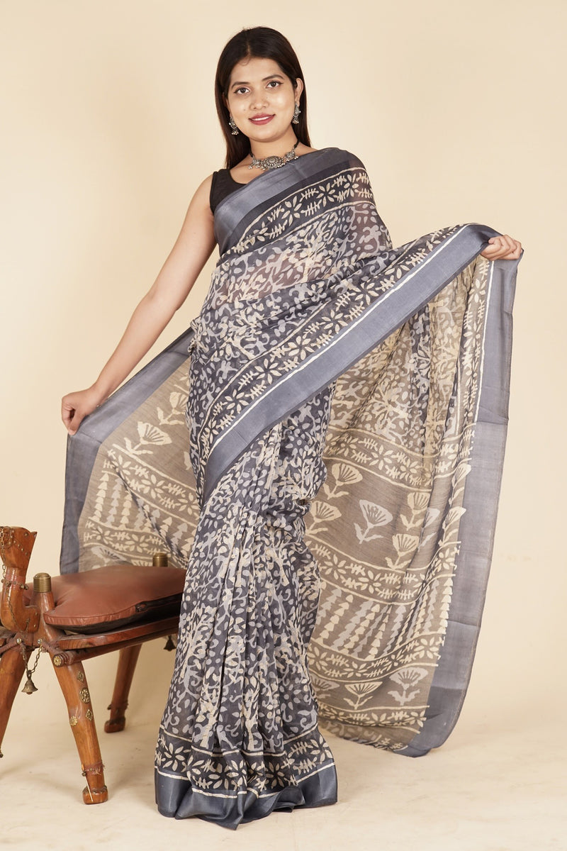 Ready To Wear Comfortable Grey & Off white Batik Printed Wrap in 1 minute saree With Readymade Blouse - Isadora Life Online Shopping Store