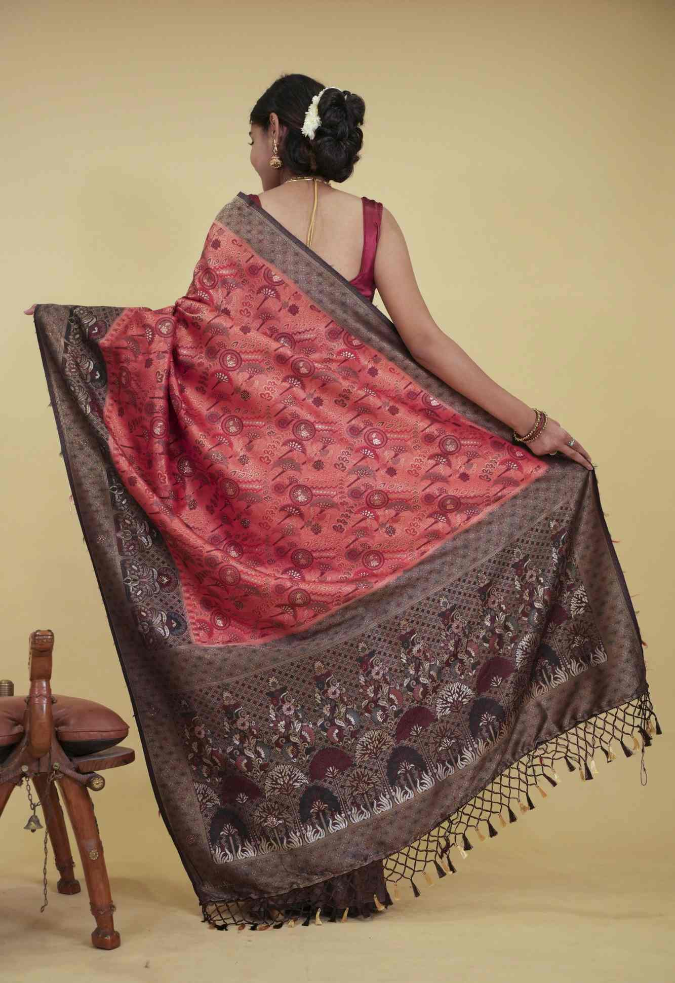 Banarasi With Traditional Zari Multiple Work & Contrast Bordered Overall Stone Embellished Wrap In One Minute Saree