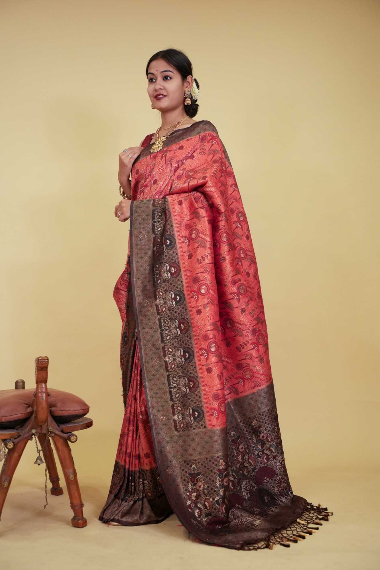 Banarasi With Traditional Zari Multiple Work & Contrast Bordered Overall Stone Embellished Wrap In One Minute Saree