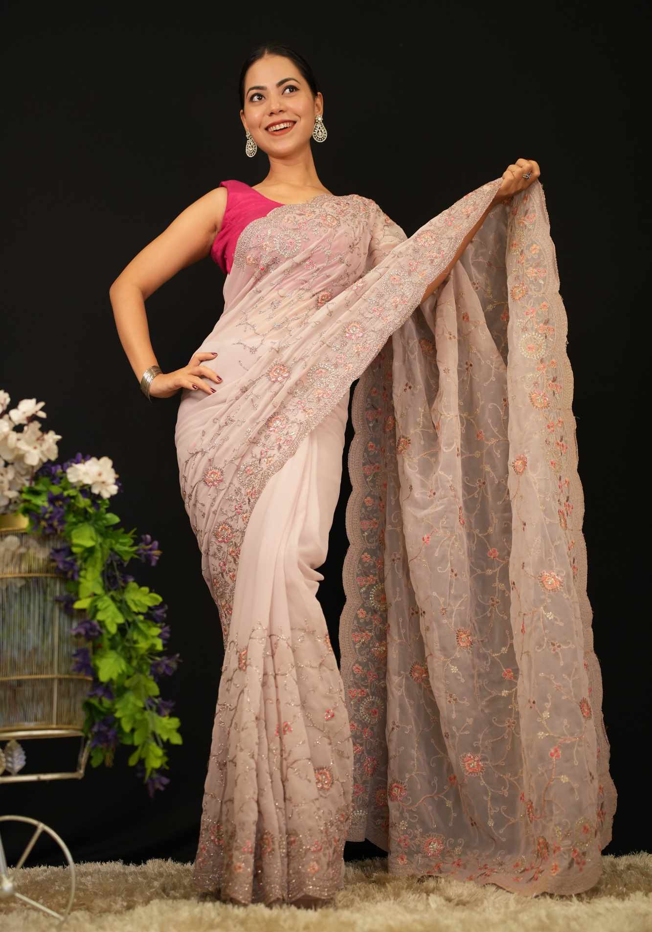 Floral Detailed Zari Embroidered  Overall & Scalloped Bordered Ready To Wear Saree