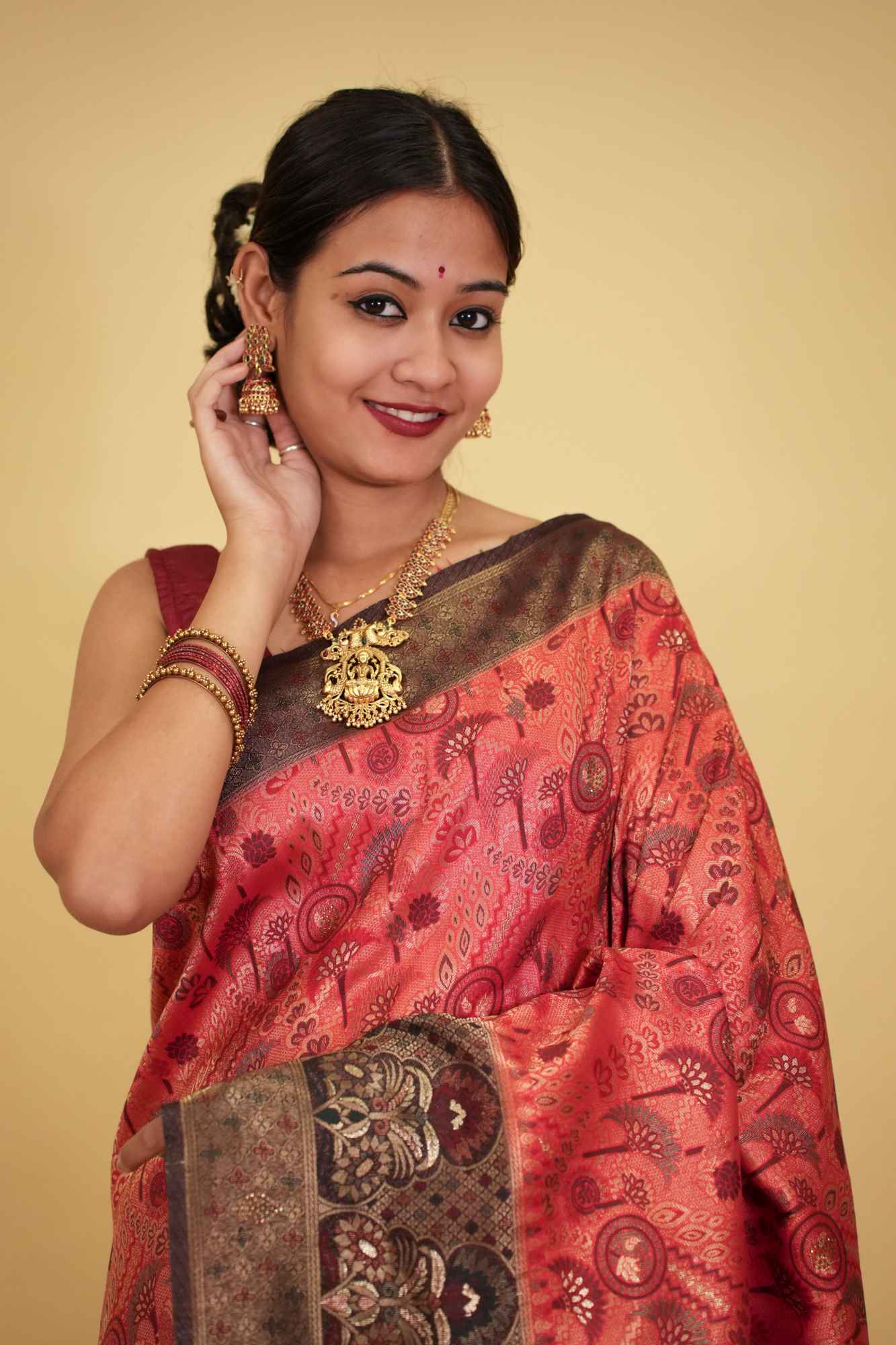 Banarasi With Traditional Zari Multiple Work & Contrast Bordered Overall Stone Embellished Wrap In One Minute Saree