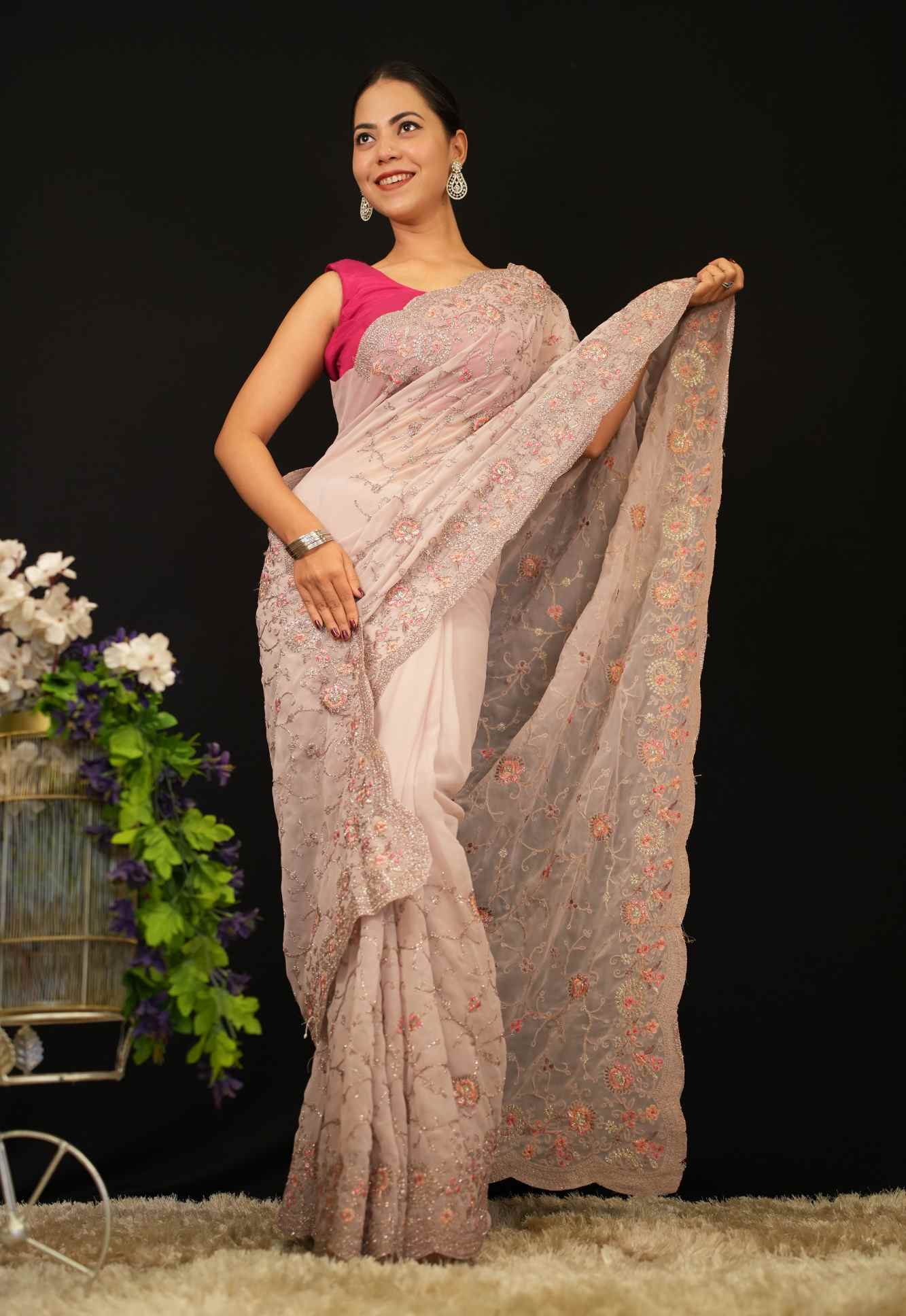 Floral Detailed Zari Embroidered  Overall & Scalloped Bordered Ready To Wear Saree