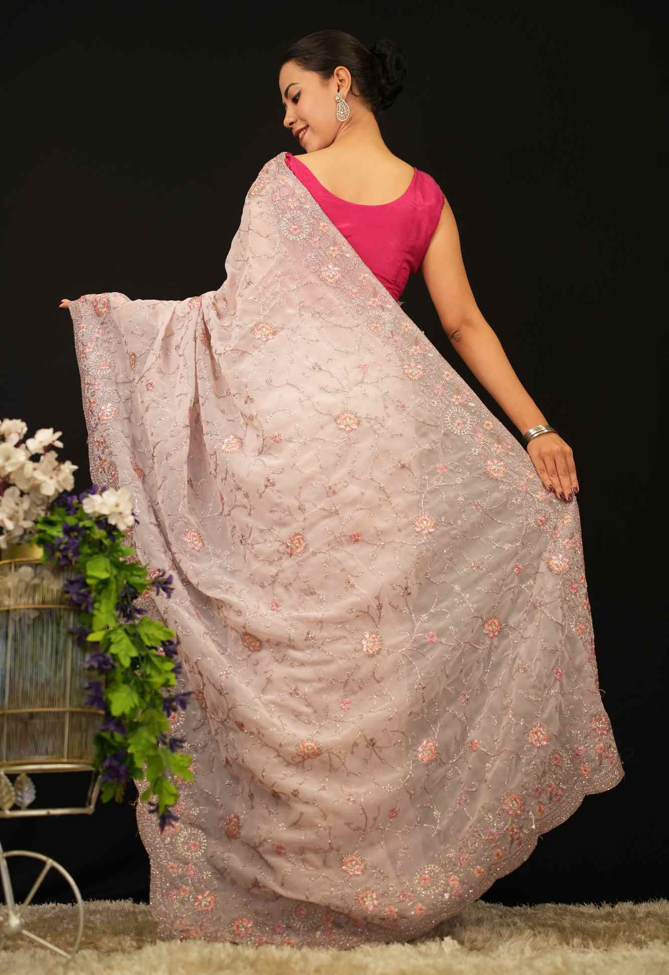 Floral Detailed Zari Embroidered  Overall & Scalloped Bordered Ready To Wear Saree