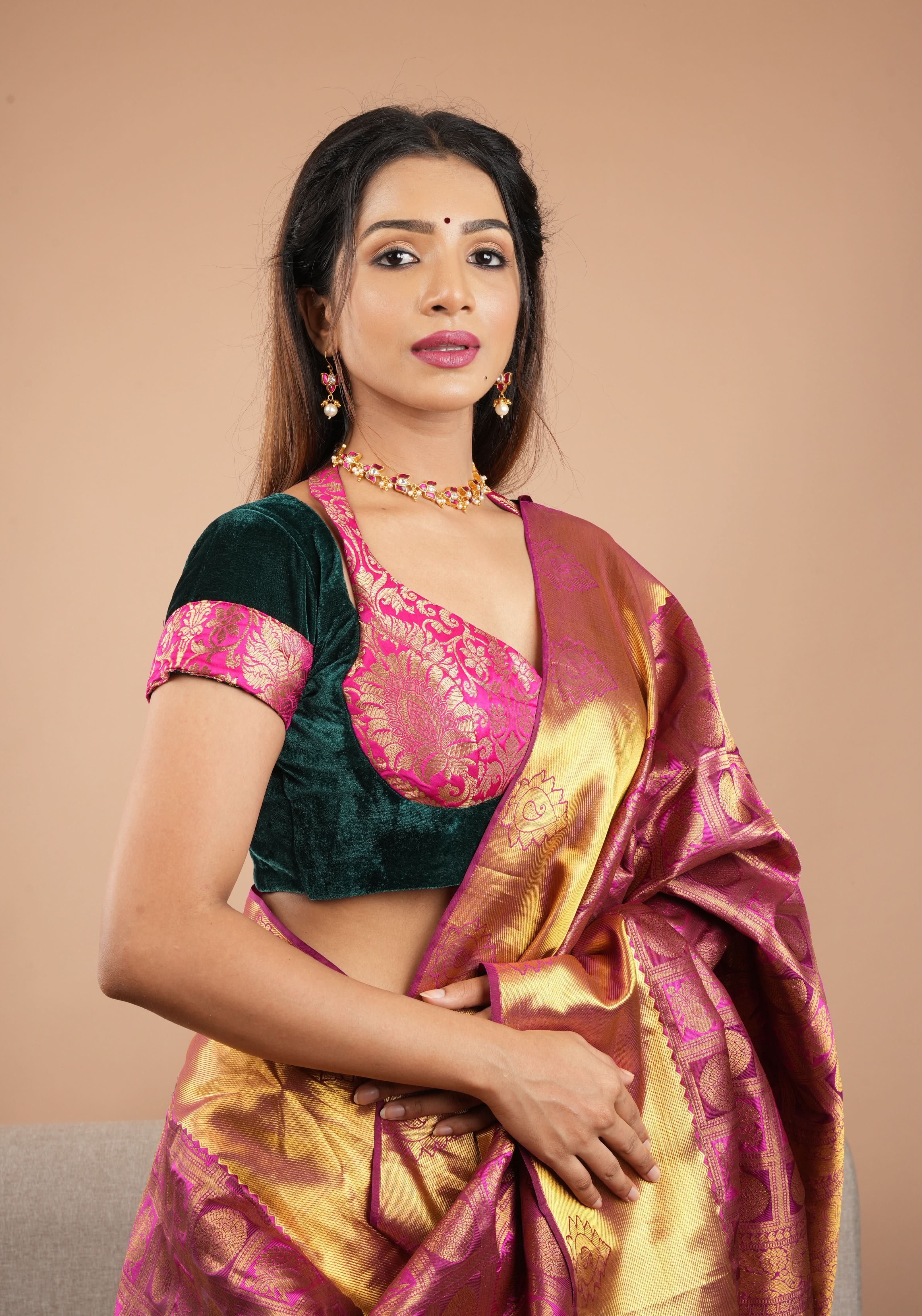 Green Pink Halter and Bustier Layered Look Blouse in Velvet and Banarasi Brocade, Customizable, Made to Order | Shobitam