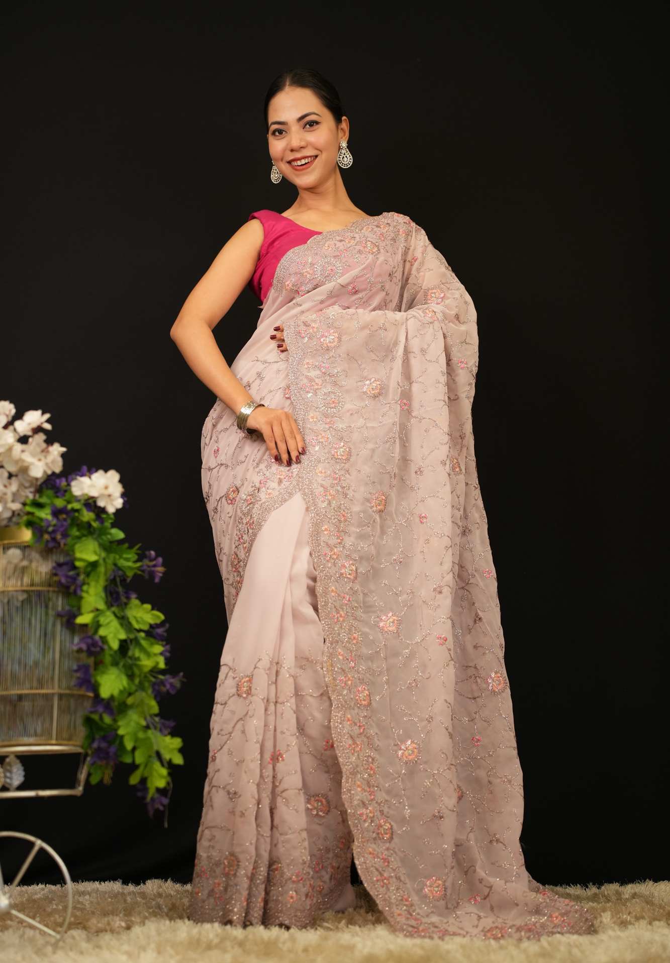 Floral Detailed Zari Embroidered  Overall & Scalloped Bordered Ready To Wear Saree