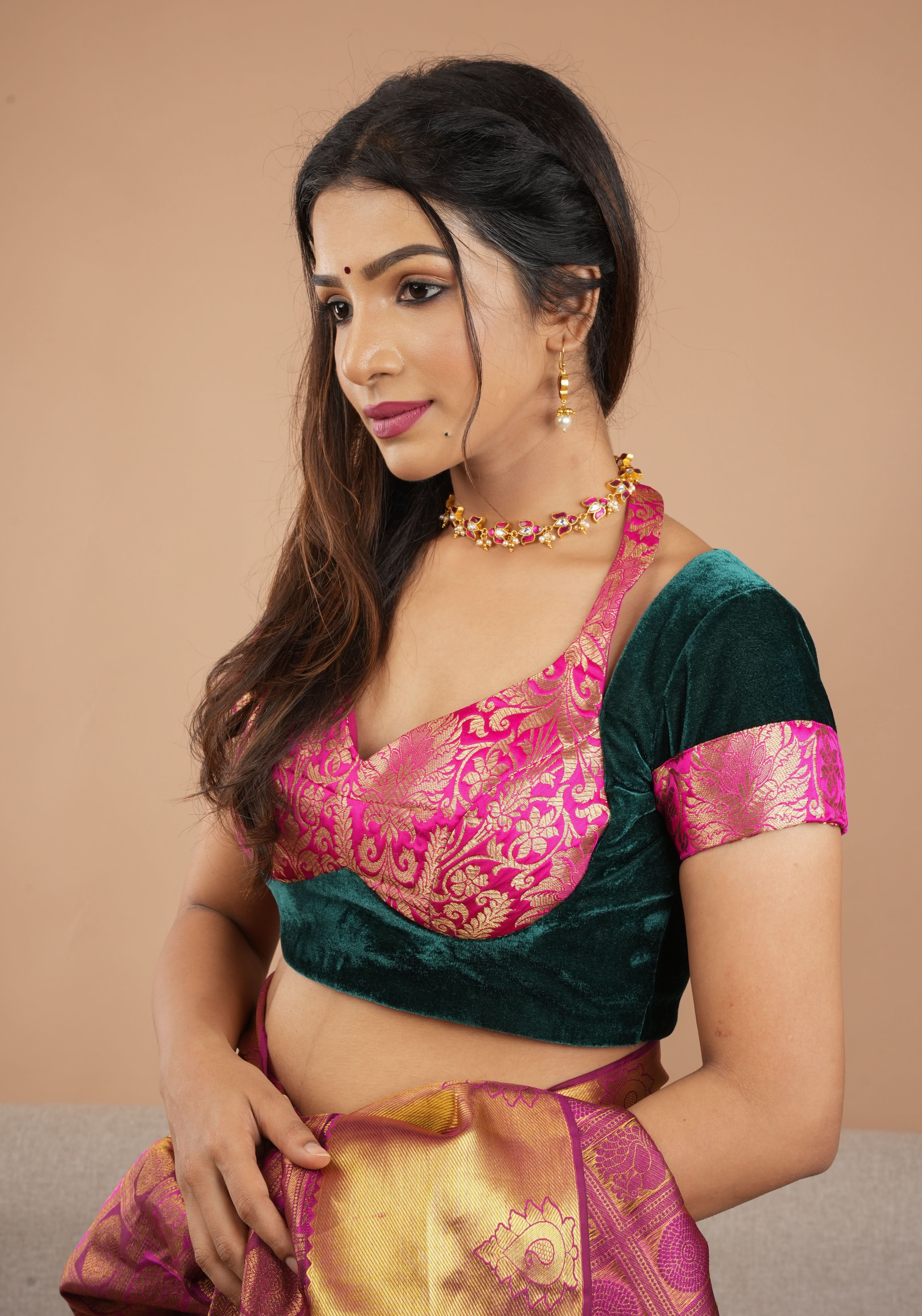 Green Pink Halter and Bustier Layered Look Blouse in Velvet and Banarasi Brocade, Customizable, Made to Order | Shobitam
