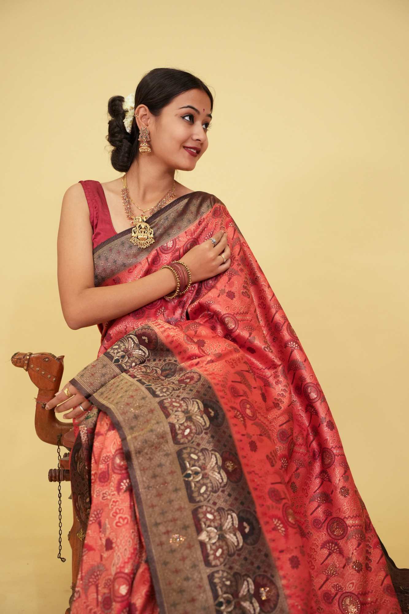 Banarasi With Traditional Zari Multiple Work & Contrast Bordered Overall Stone Embellished Wrap In One Minute Saree