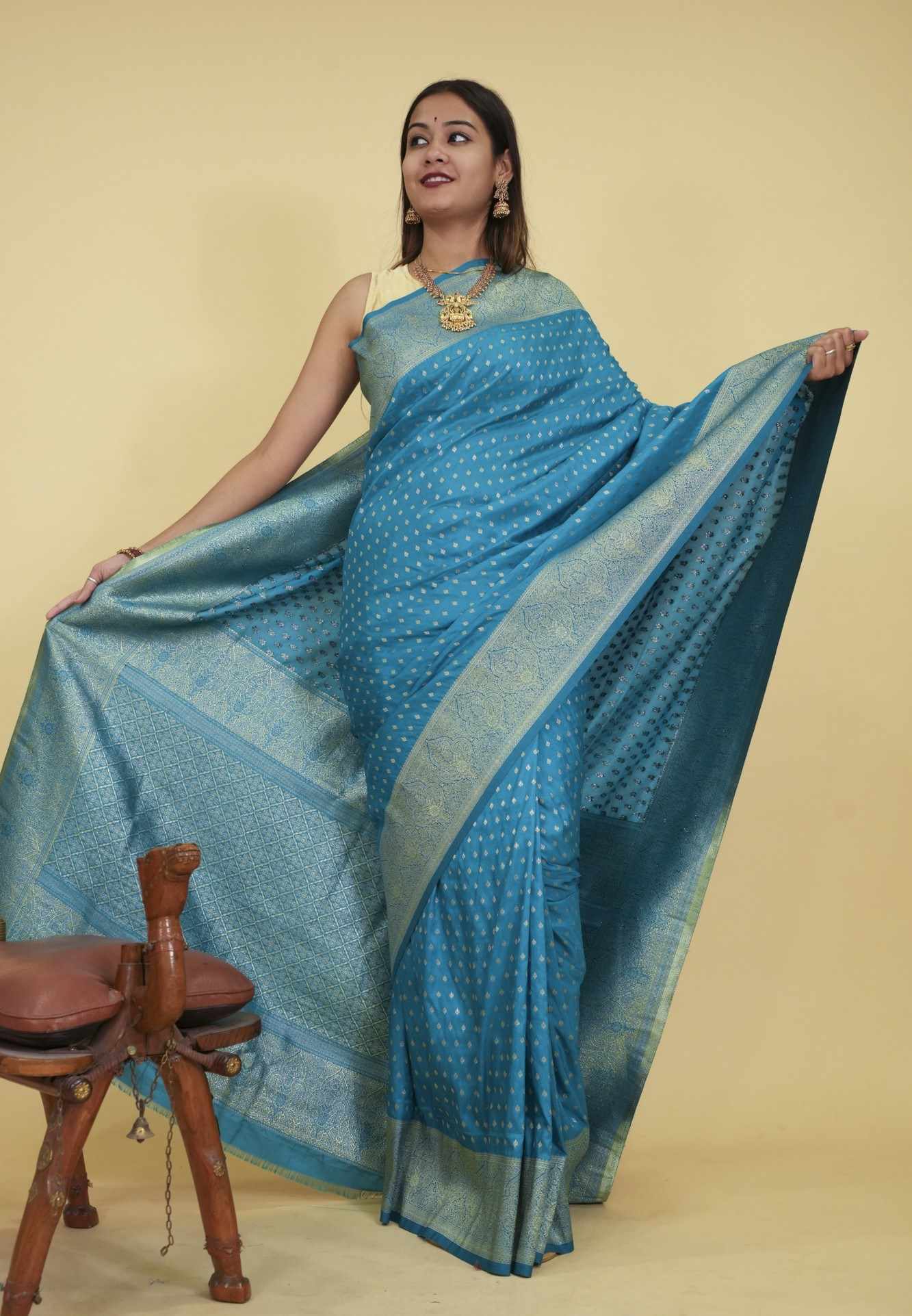 Firozi Blue With Overall Zari Butta Broad Bordered & Ornate Palla Banarasi Ready To Wear Saree