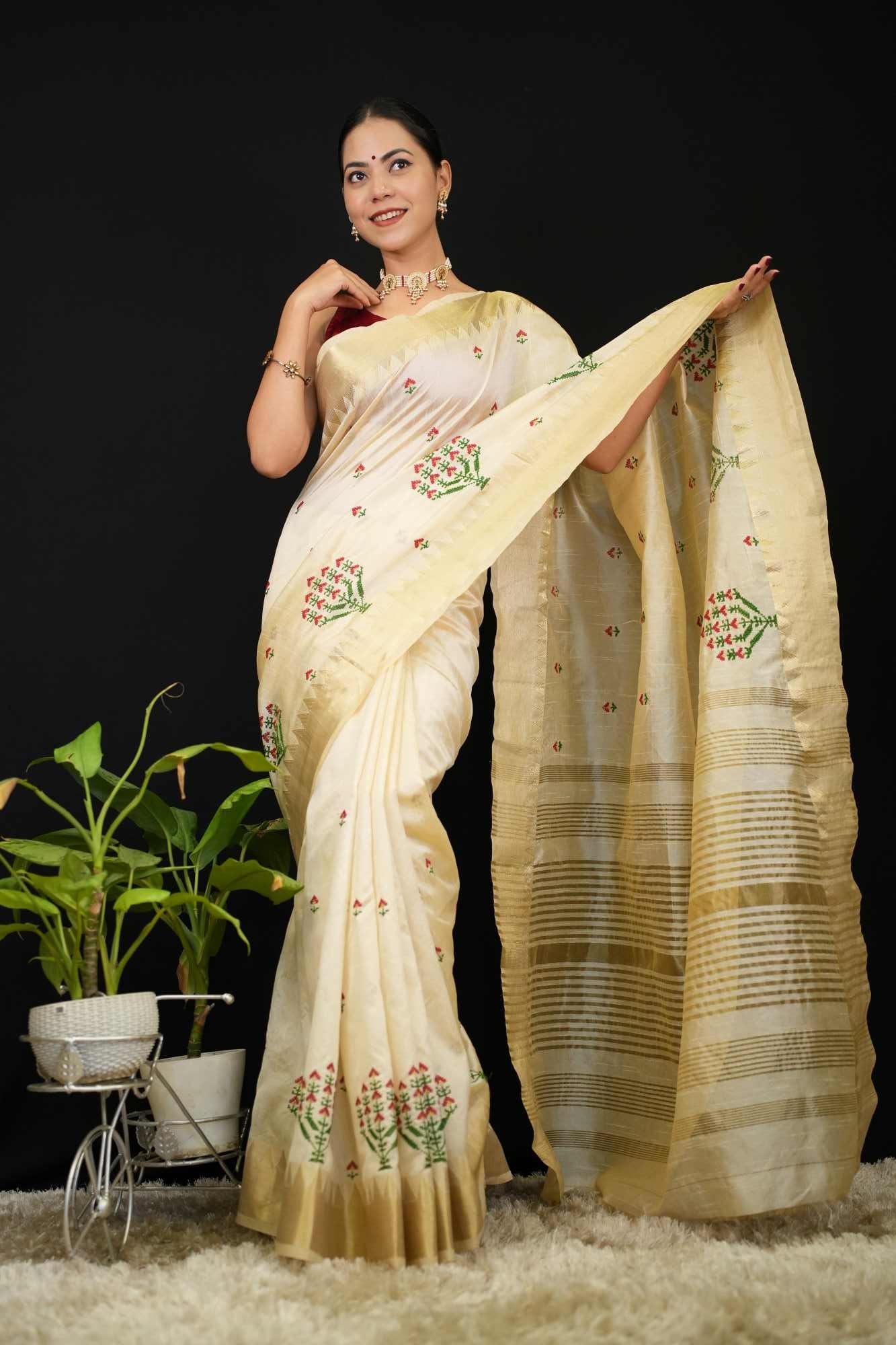 Assam Cotton Silk Multi Color Thread Embroidered Saree With Golden Zari  Wear Saree