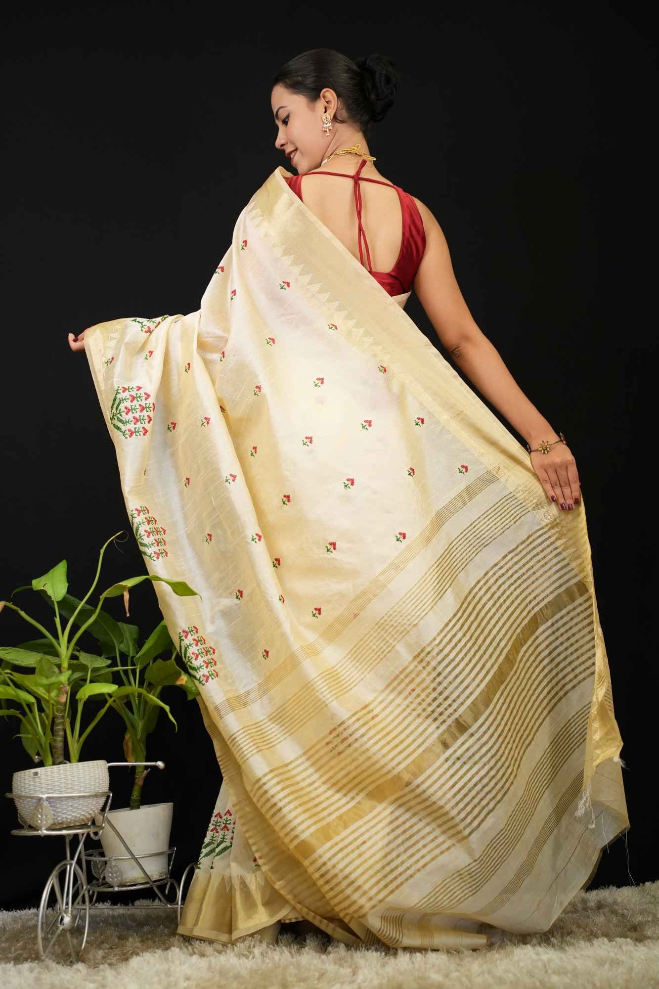 Assam Cotton Silk Multi Color Thread Embroidered Saree With Golden Zari  Wear Saree