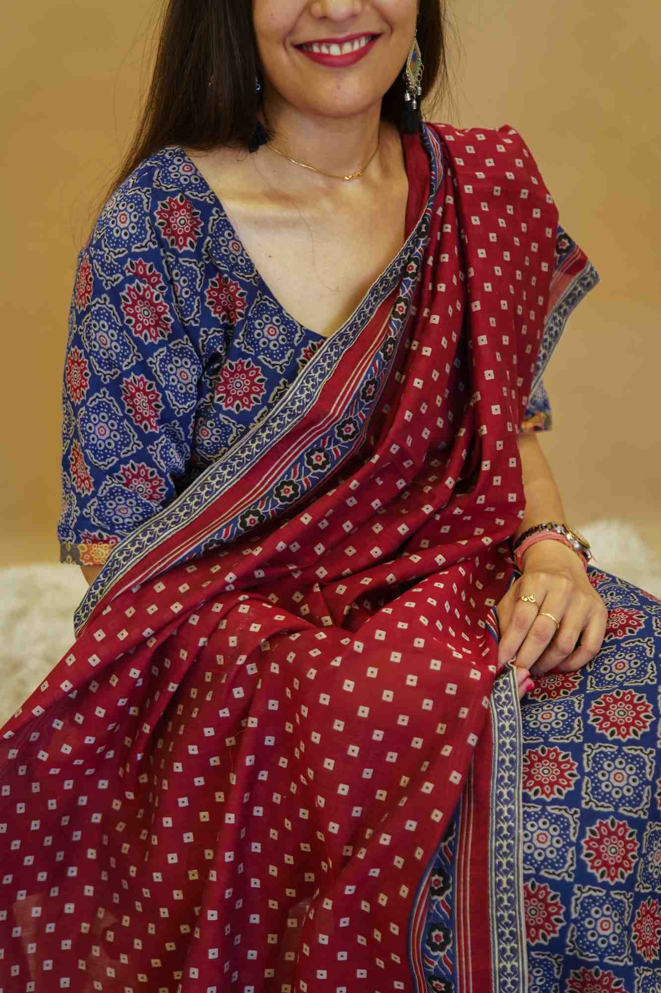 Traditional Style  Blue & Maroon color  With Hand Block Printed Salwar Kameez & polka  Printed Dupatta