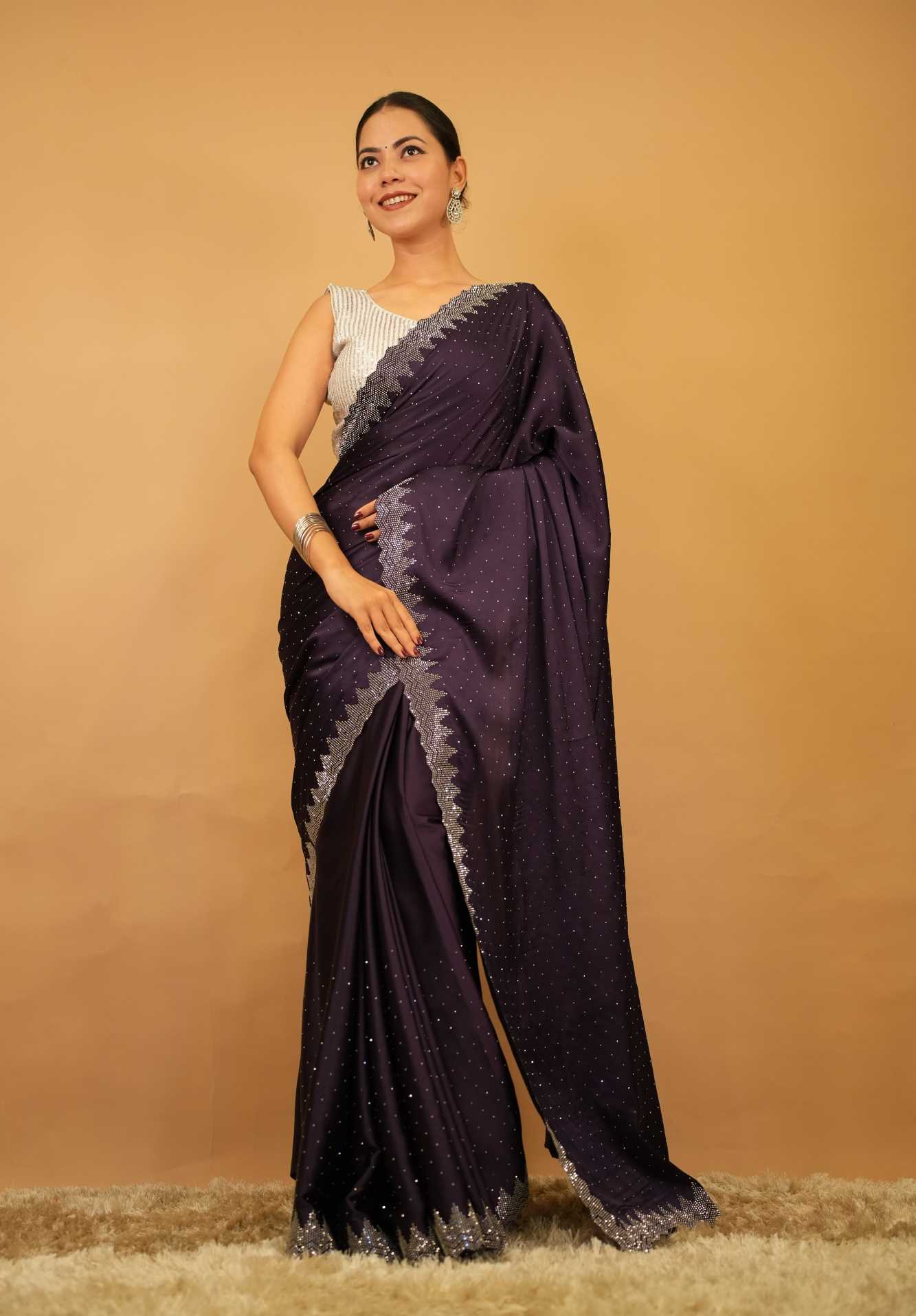 Alluring Purple Soft Premium Satin With Stone Bead Detailed  Work All Over  Wrap in 1 minute saree