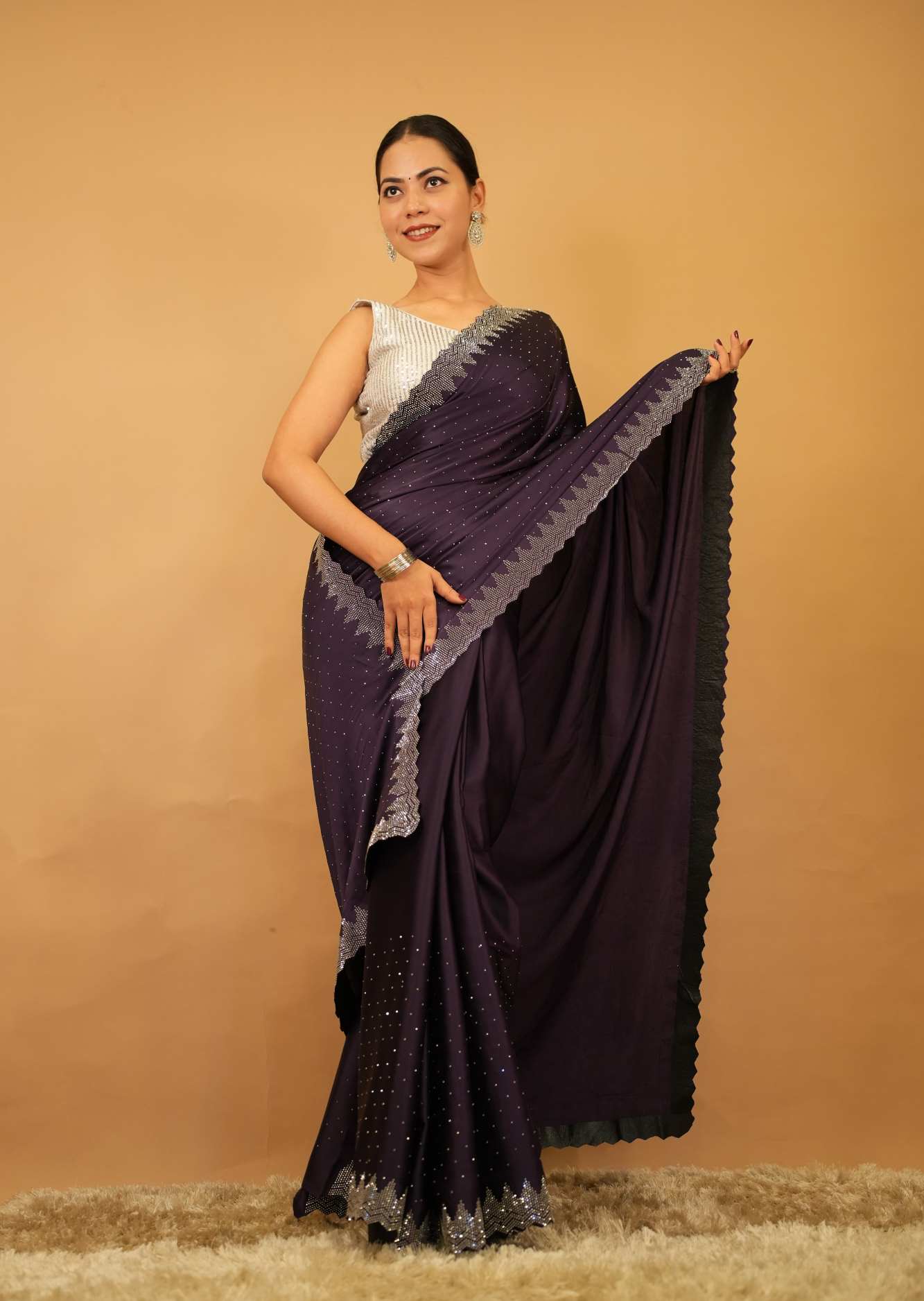 Alluring Purple Soft Premium Satin With Stone Bead Detailed  Work All Over  Wrap in 1 minute saree