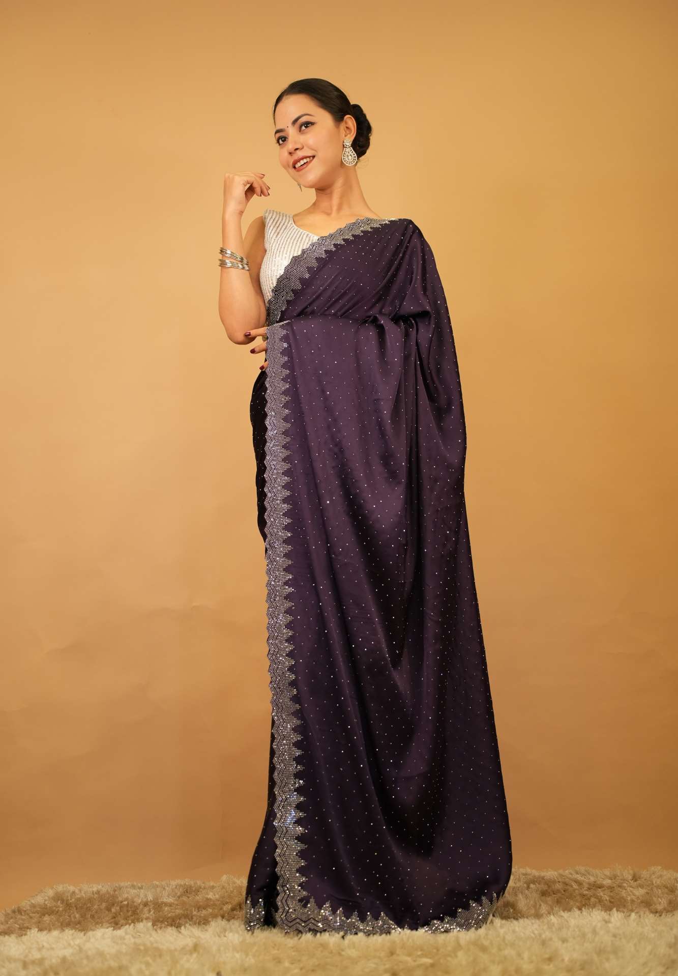 Alluring Purple Soft Premium Satin With Stone Bead Detailed  Work All Over  Wrap in 1 minute saree