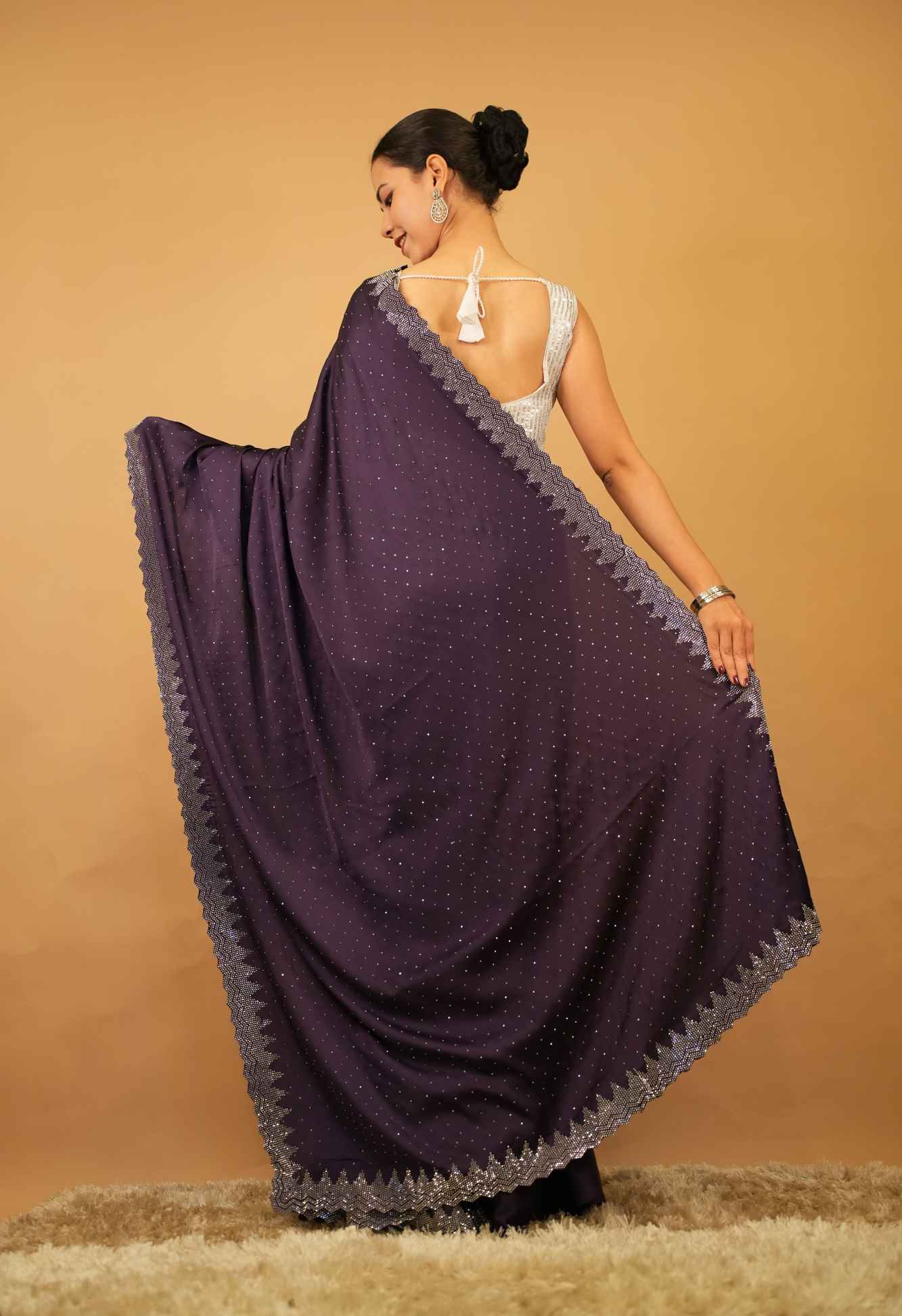 Alluring Purple Soft Premium Satin With Stone Bead Detailed  Work All Over  Wrap in 1 minute saree