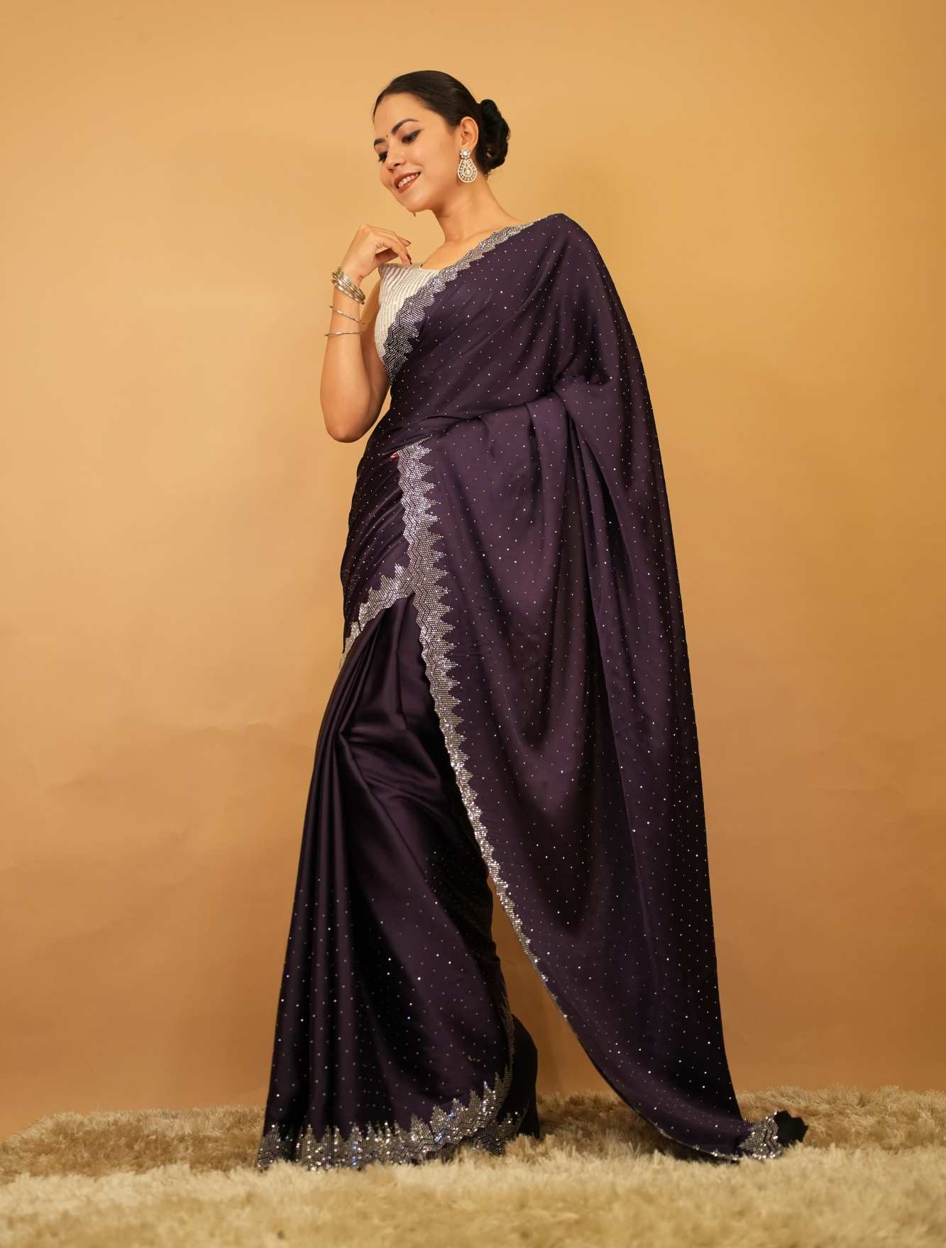 Alluring Purple Soft Premium Satin With Stone Bead Detailed  Work All Over  Wrap in 1 minute saree