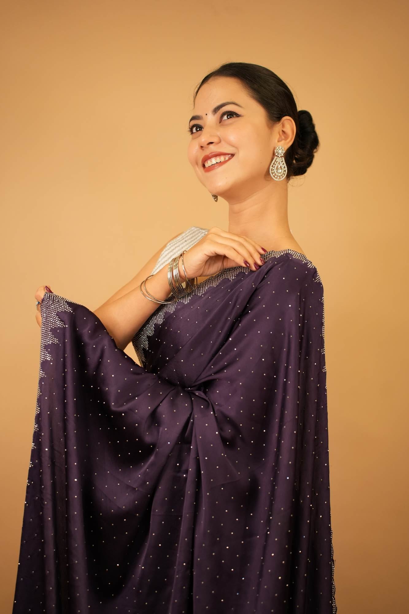 Alluring Purple Soft Premium Satin With Stone Bead Detailed  Work All Over  Wrap in 1 minute saree