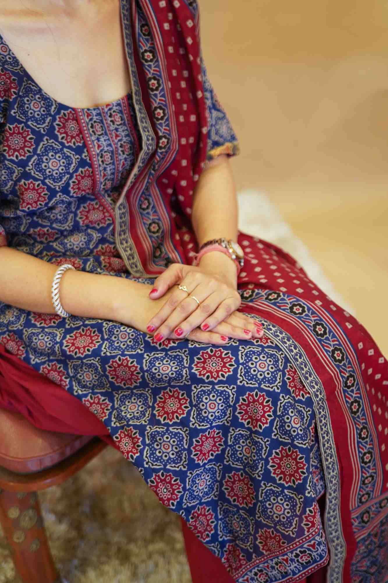 Traditional Style  Blue & Maroon color  With Hand Block Printed Salwar Kameez & polka  Printed Dupatta