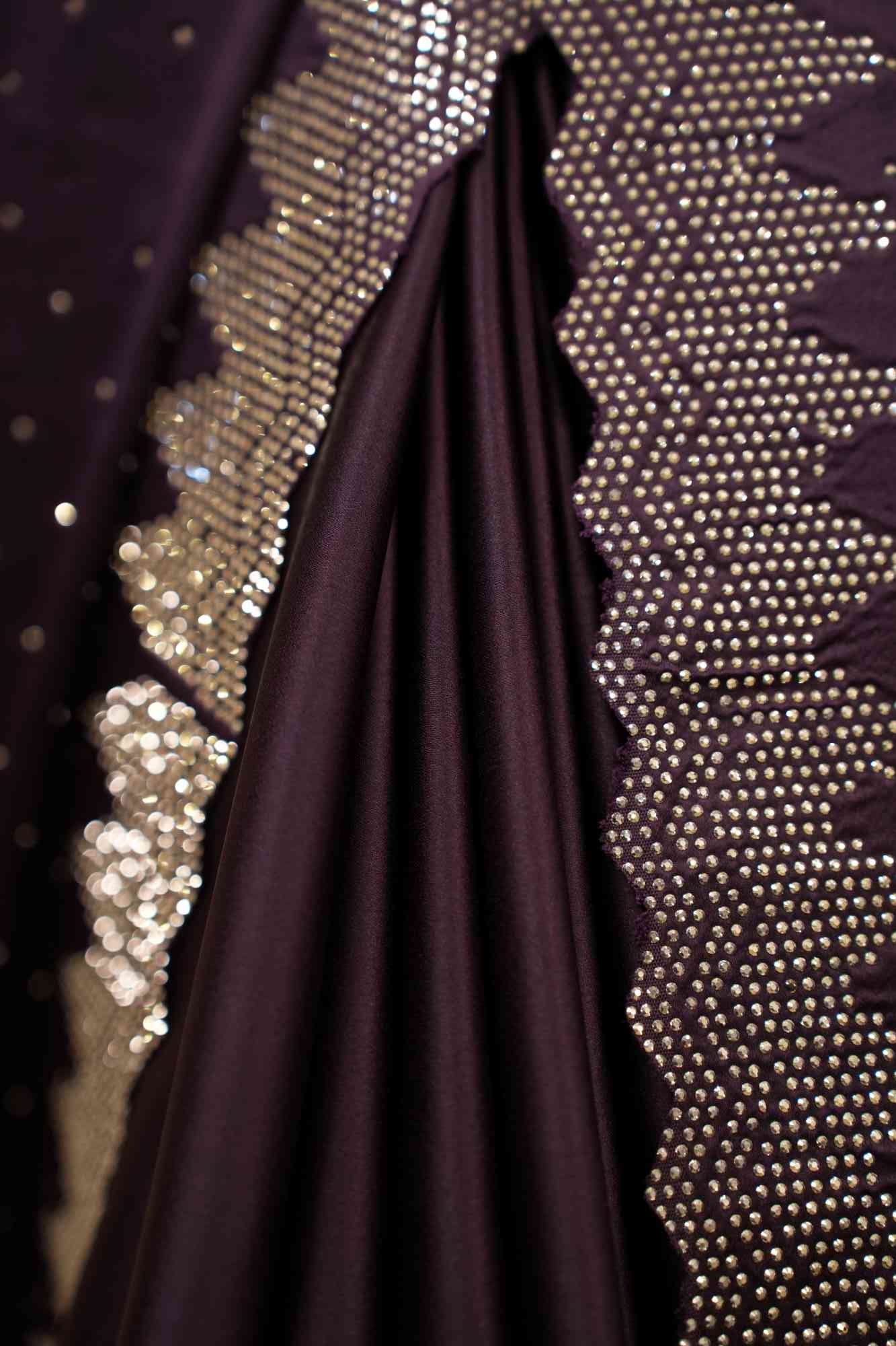 Alluring Purple Soft Premium Satin With Stone Bead Detailed  Work All Over  Wrap in 1 minute saree