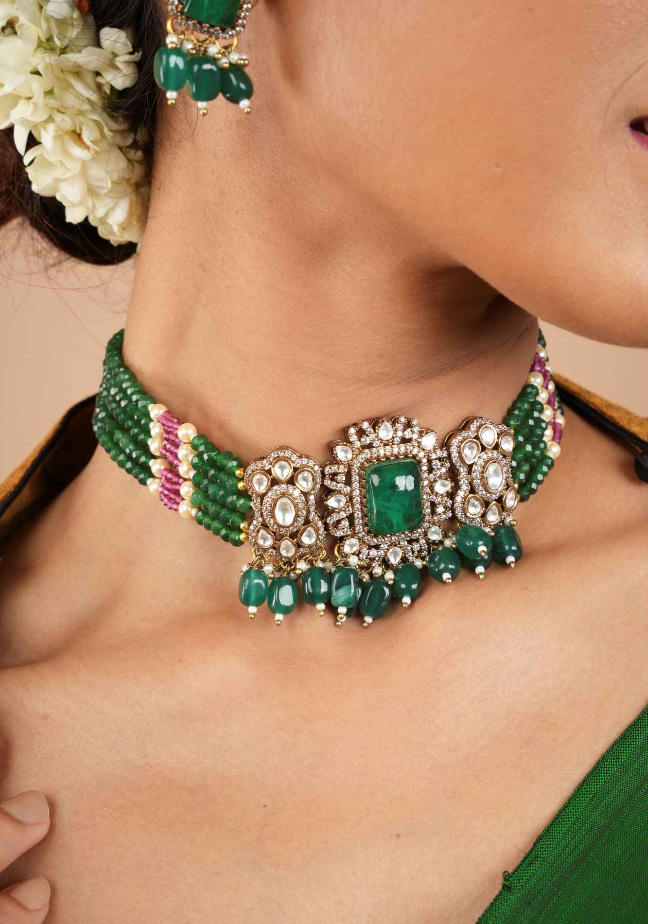 Multilayer Emerald Green Beads kundan Choker set with dangling Green Beads