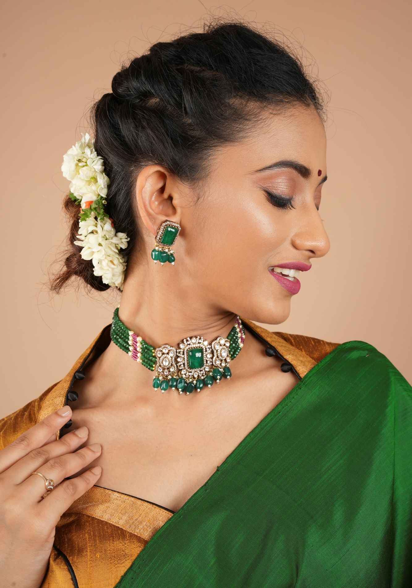 Multilayer Emerald Green Beads kundan Choker set with dangling Green Beads