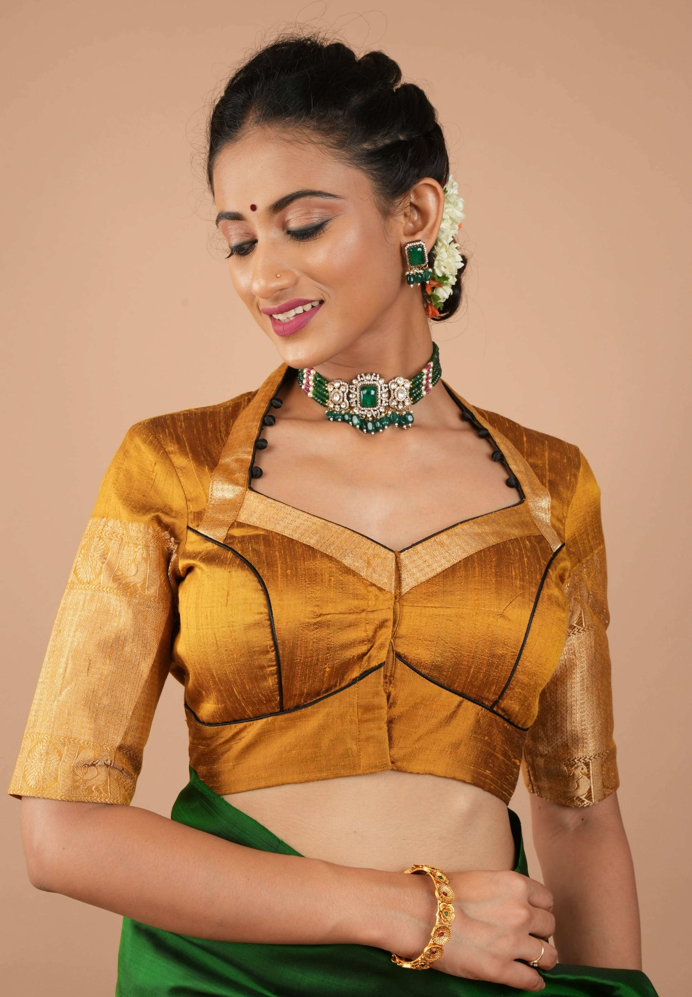 Ochre Pure Raw Silk With Wide Zari Borders and Free Spirit Floral and Birds Embroidery, Customizable, Made to Order | Shobitam