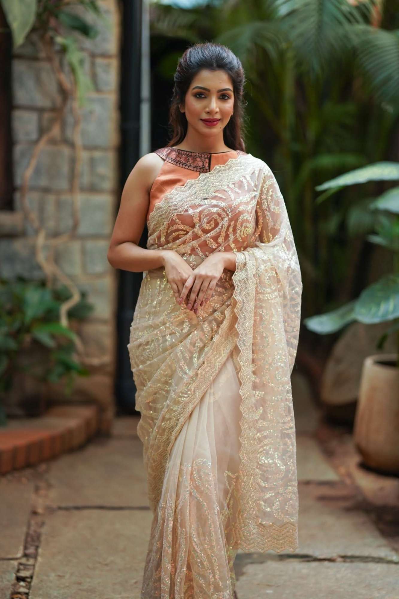 Ready To Wear Light Champagne Color Swirl Design Sequins on Net Saree