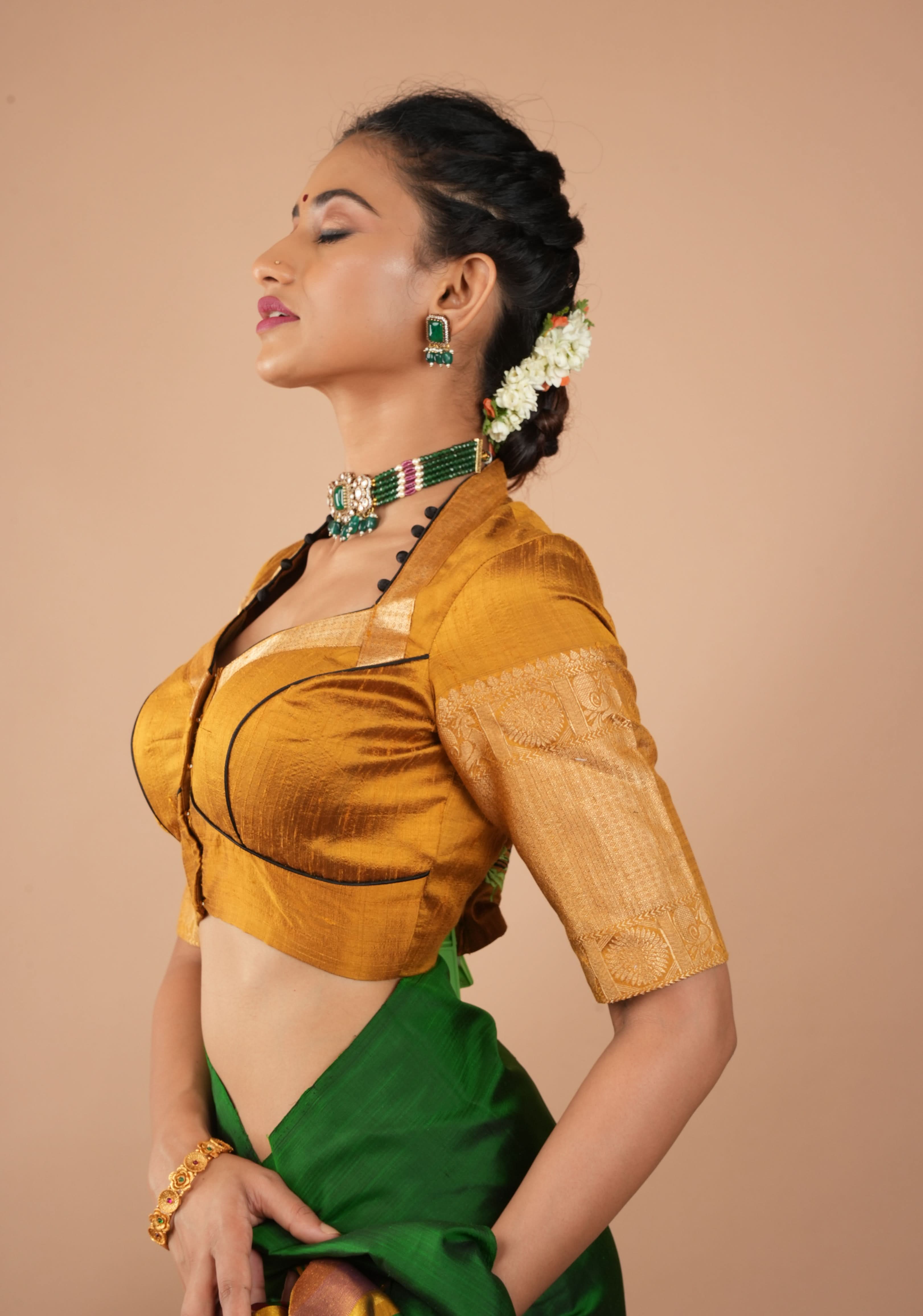 Ochre Pure Raw Silk With Wide Zari Borders and Free Spirit Floral and Birds Embroidery, Customizable, Made to Order | Shobitam