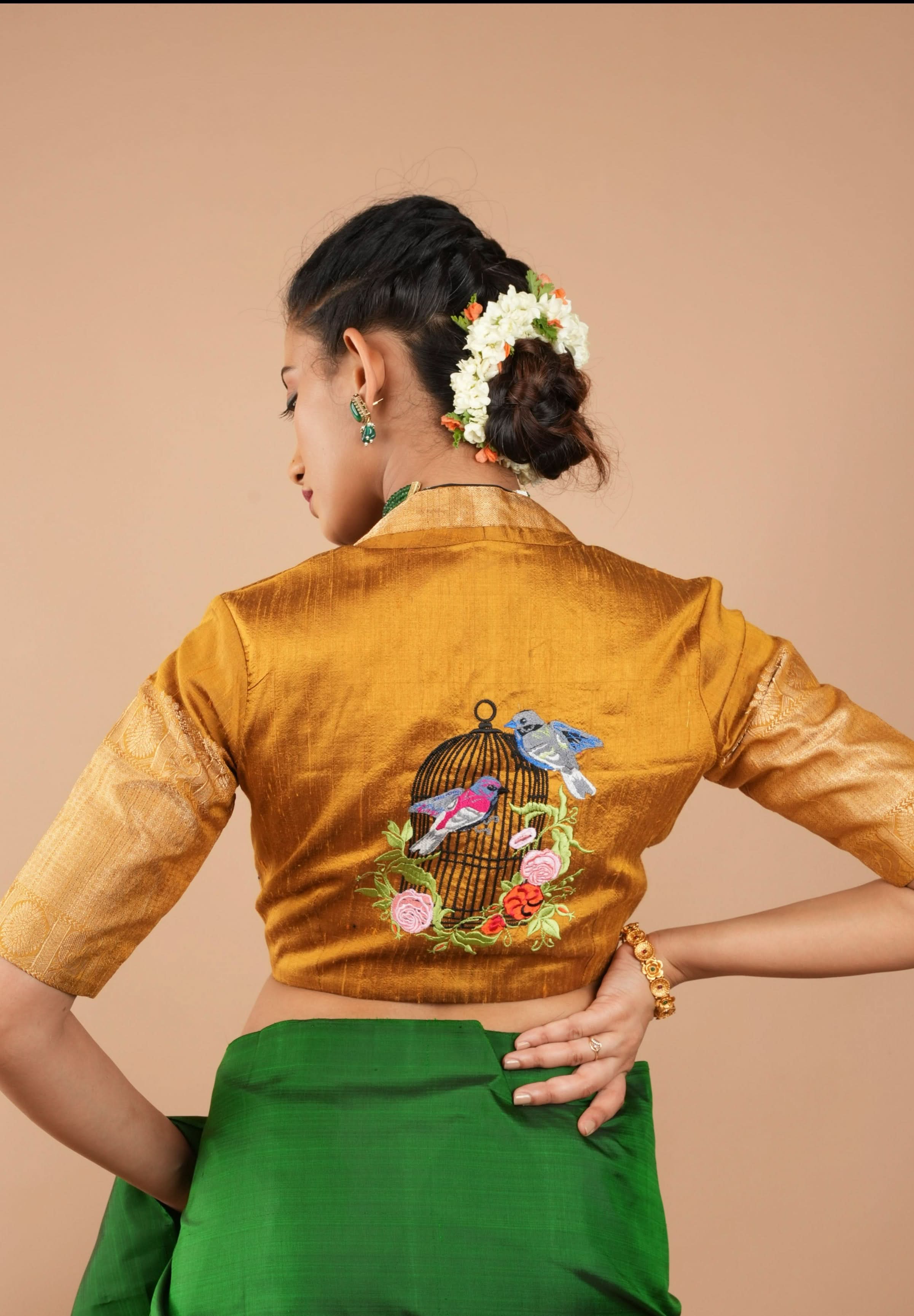 Ochre Pure Raw Silk With Wide Zari Borders and Free Spirit Floral and Birds Embroidery, Customizable, Made to Order | Shobitam