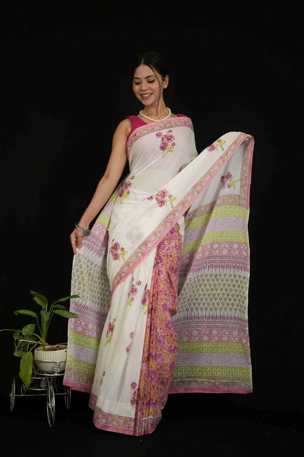Pure Mulmul Cotton with All Over Vegetable Dye Hand Block Printed Ready To Wear Saree