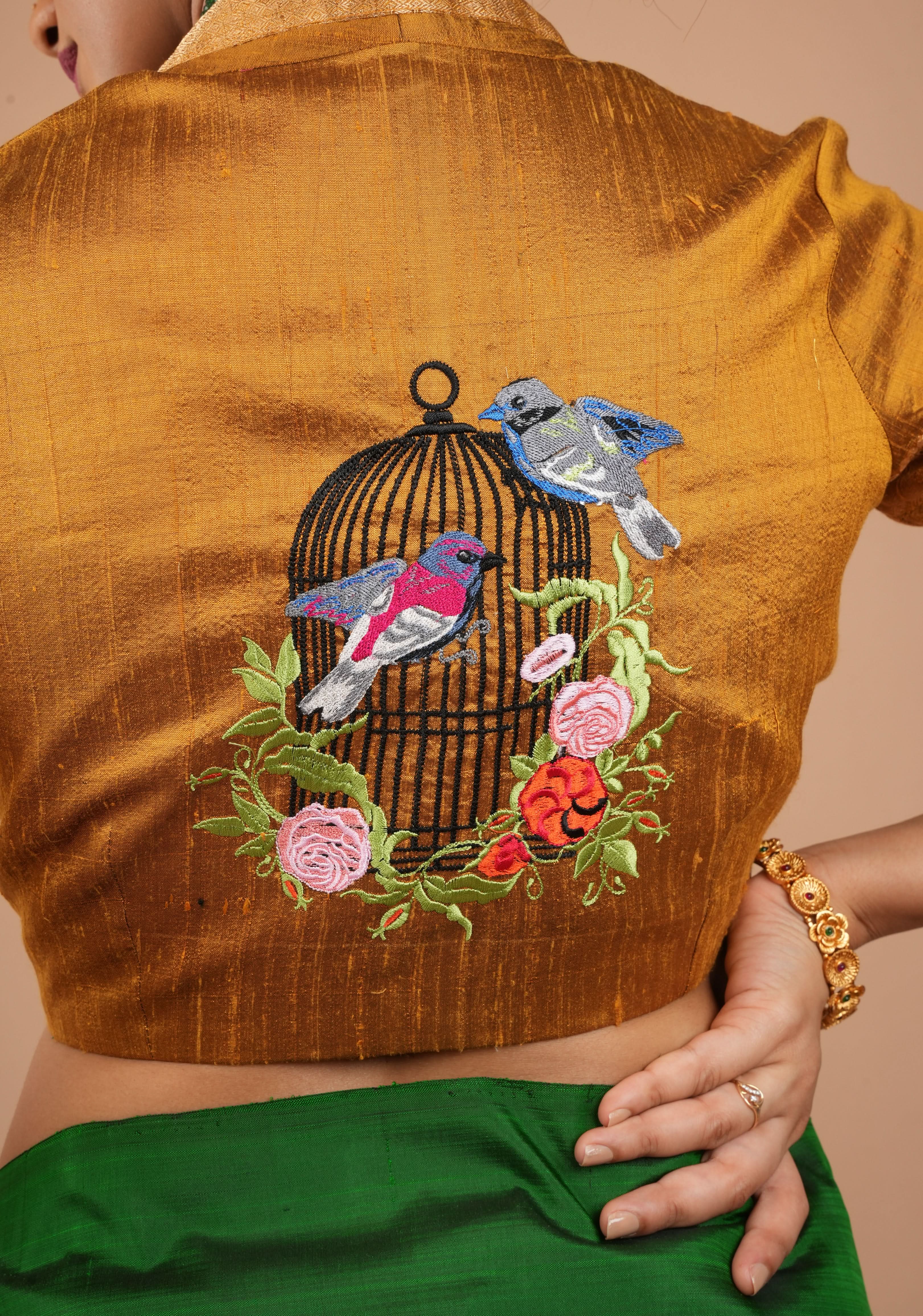 Ochre Pure Raw Silk With Wide Zari Borders and Free Spirit Floral and Birds Embroidery, Customizable, Made to Order | Shobitam