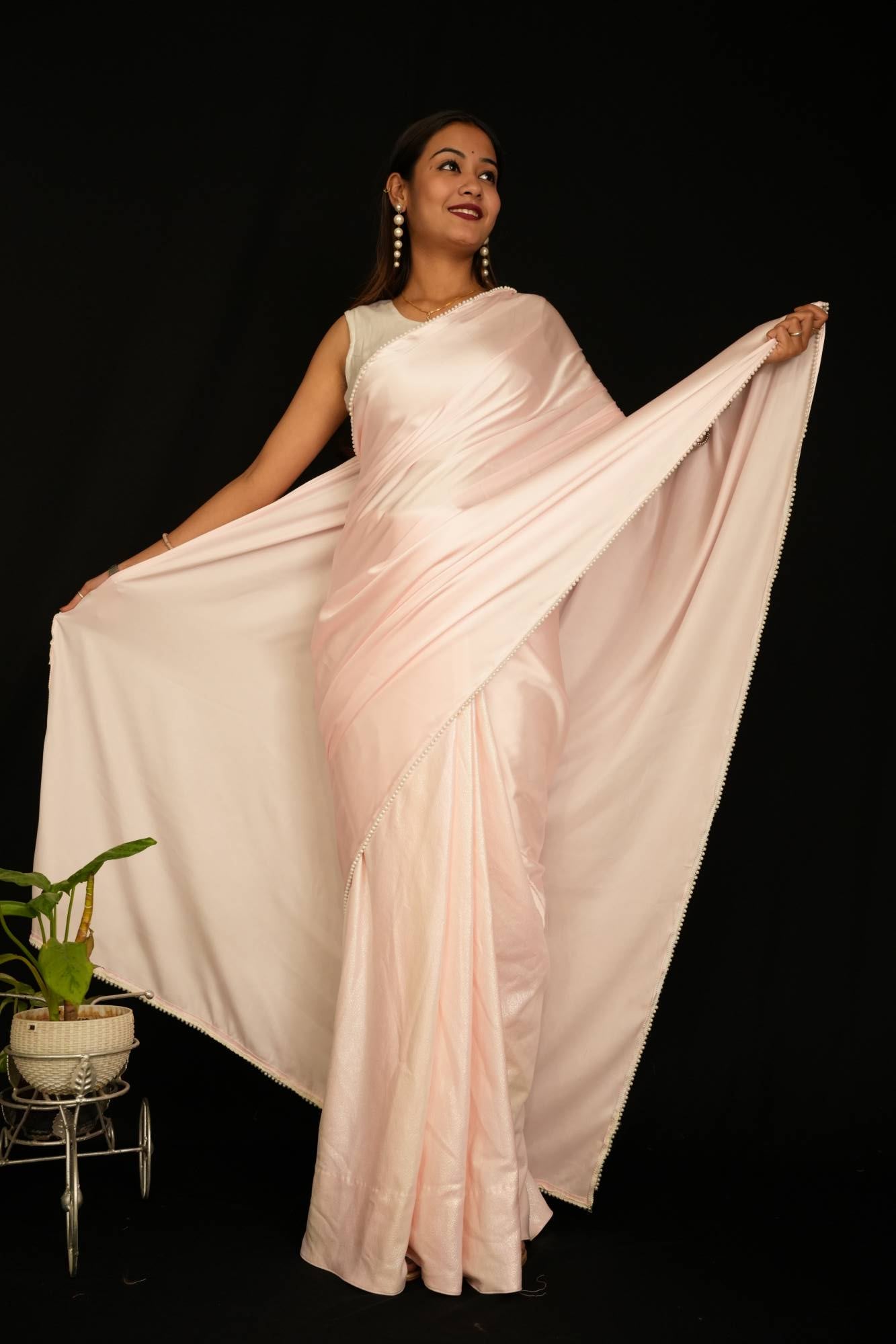 Shimmy Bold and Beautiful Elegant Pink Lycra Silk Party Wrap Saree with Satin Palla & Moti Lace Border – Luxury Half and Half 1-Minute Saree for Effortless Glamour