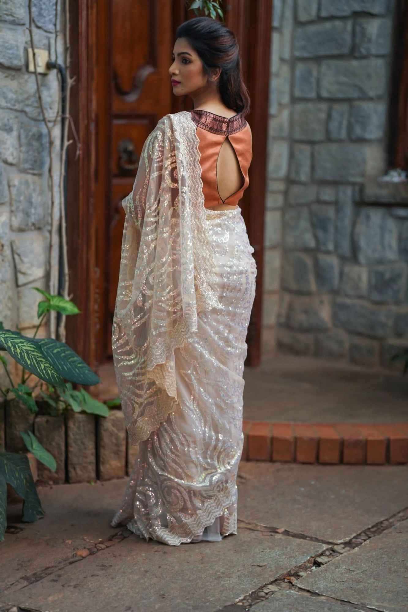 Ready To Wear Light Champagne Color Swirl Design Sequins on Net Saree