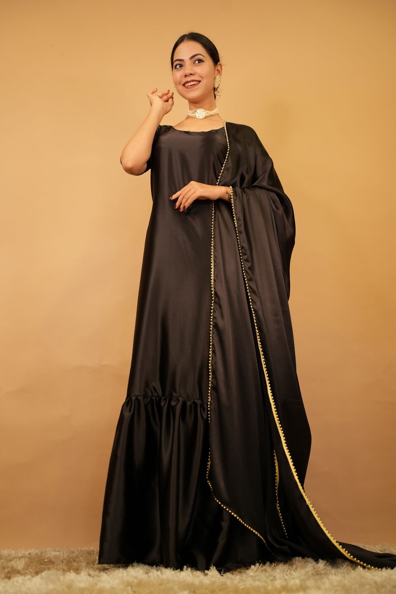 Gown Styled Saree With Overall Black Satin & Moti Lace Pre Drape Saree