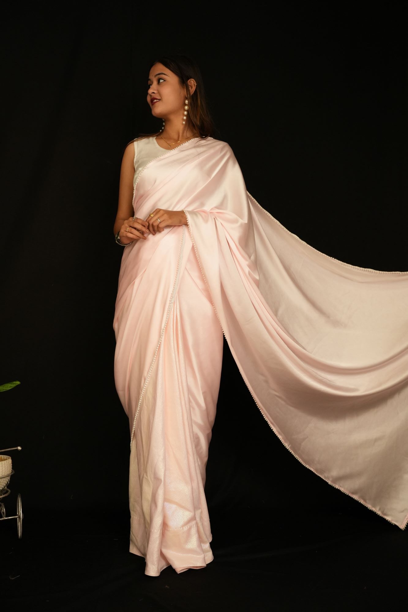 Shimmy Bold and Beautiful Elegant Pink Lycra Silk Party Wrap Saree with Satin Palla & Moti Lace Border – Luxury Half and Half 1-Minute Saree for Effortless Glamour