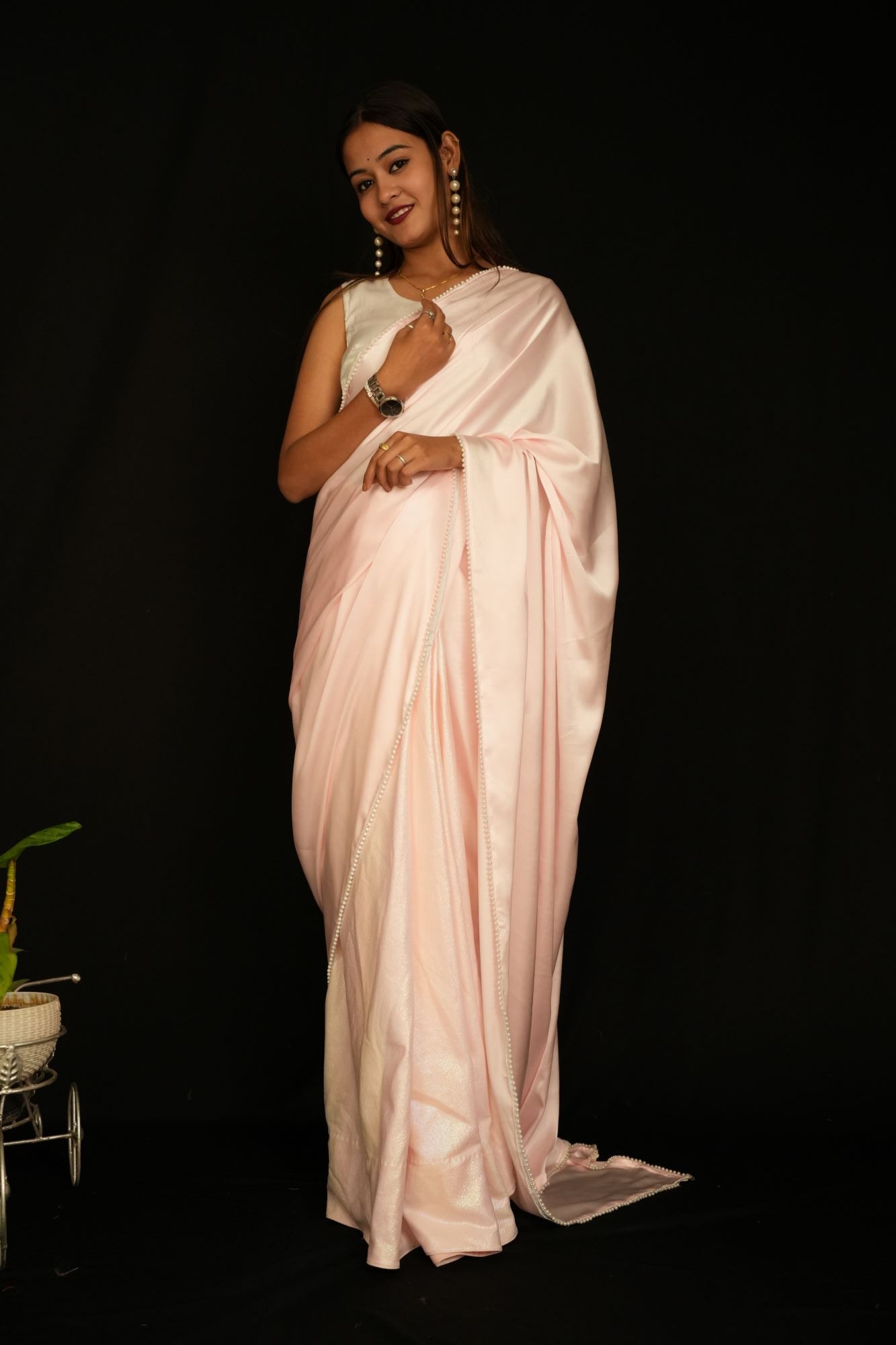 Shimmy Bold and Beautiful Elegant Pink Lycra Silk Party Wrap Saree with Satin Palla & Moti Lace Border – Luxury Half and Half 1-Minute Saree for Effortless Glamour