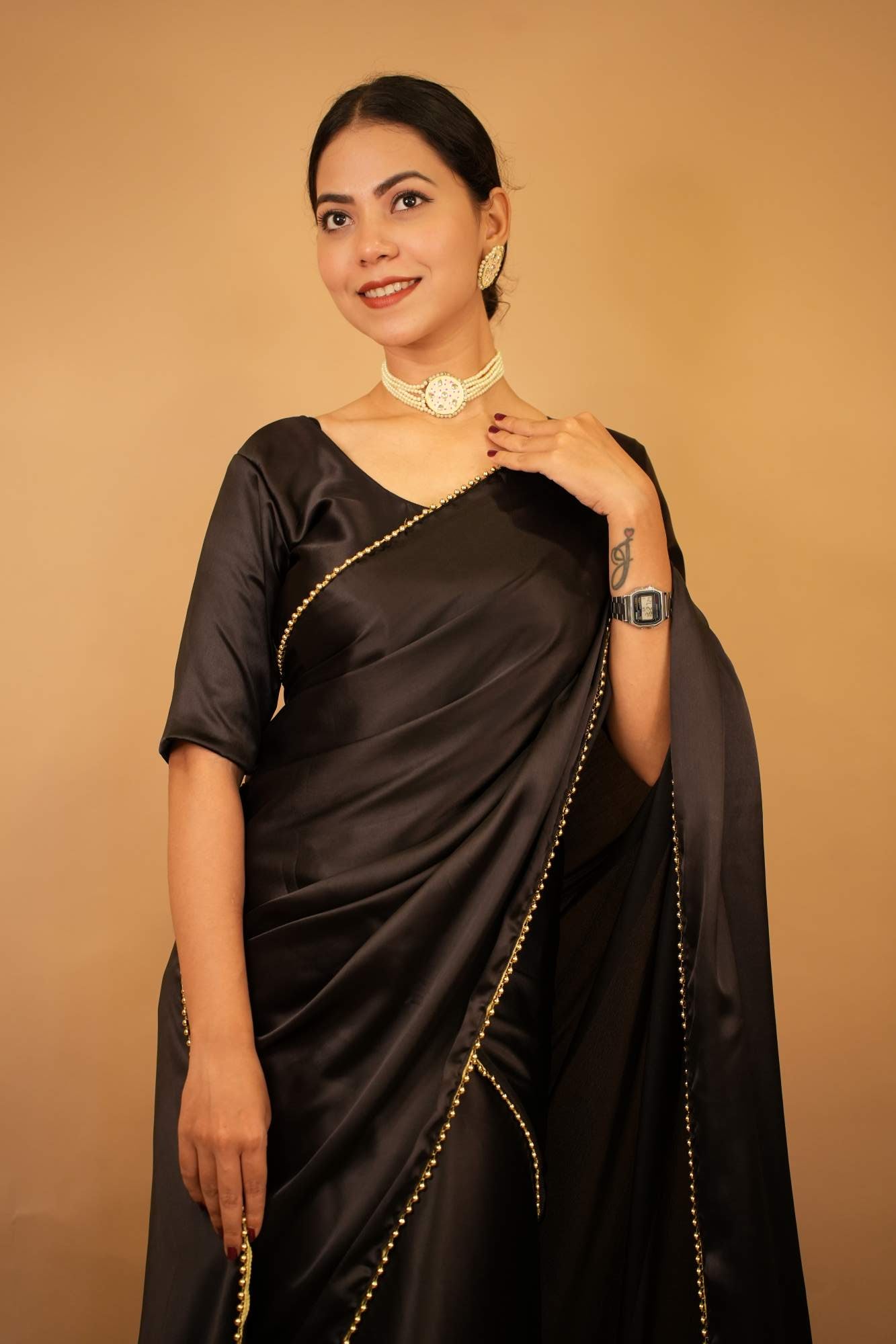 Gown Styled Saree With Overall Black Satin & Moti Lace Pre Drape Saree