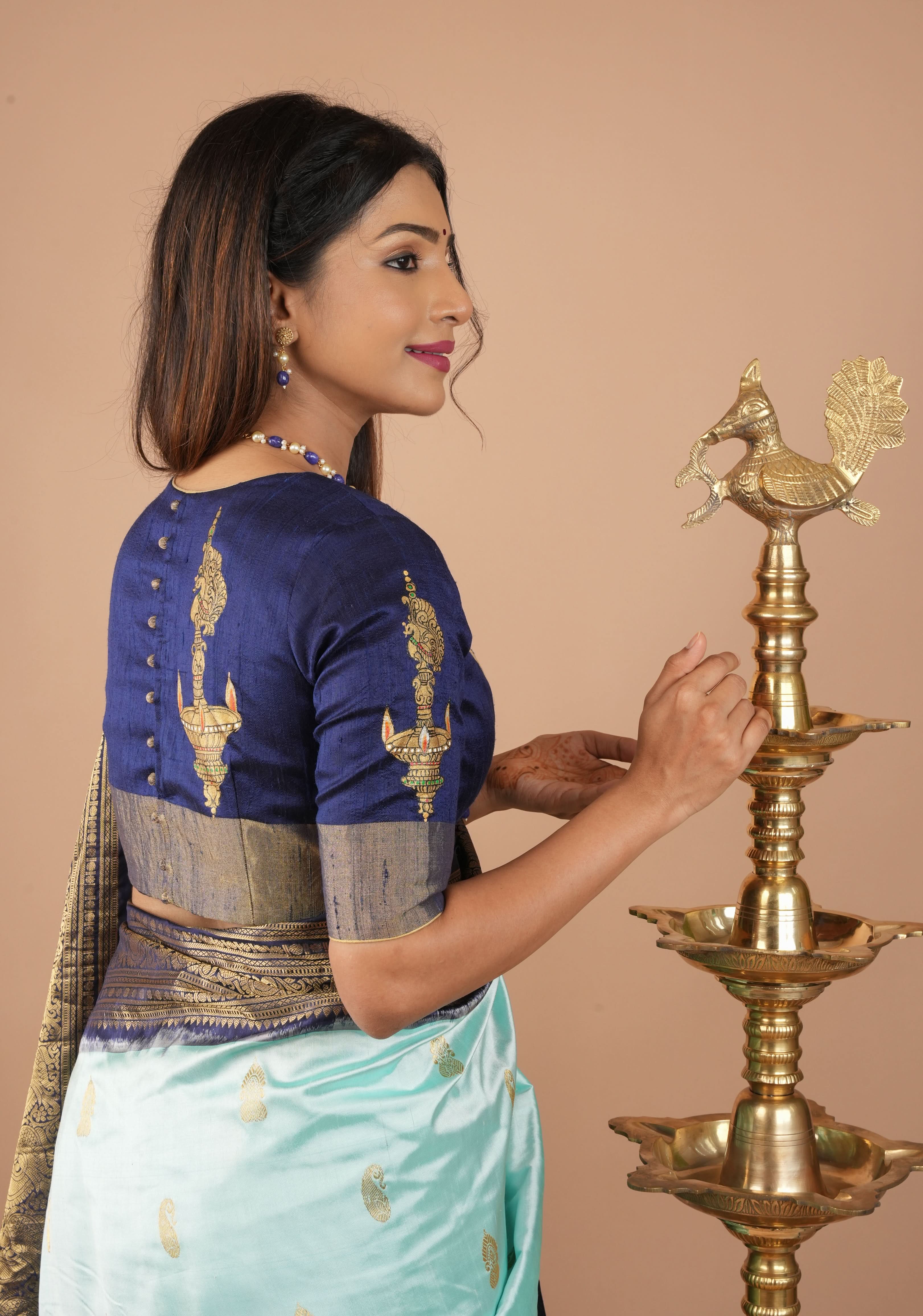 Lamp Handpainting on pure Raw Silk  Navy Blue Blouse with Tissue Borders and Potli detailing, Customizable, made to order | Shobitam